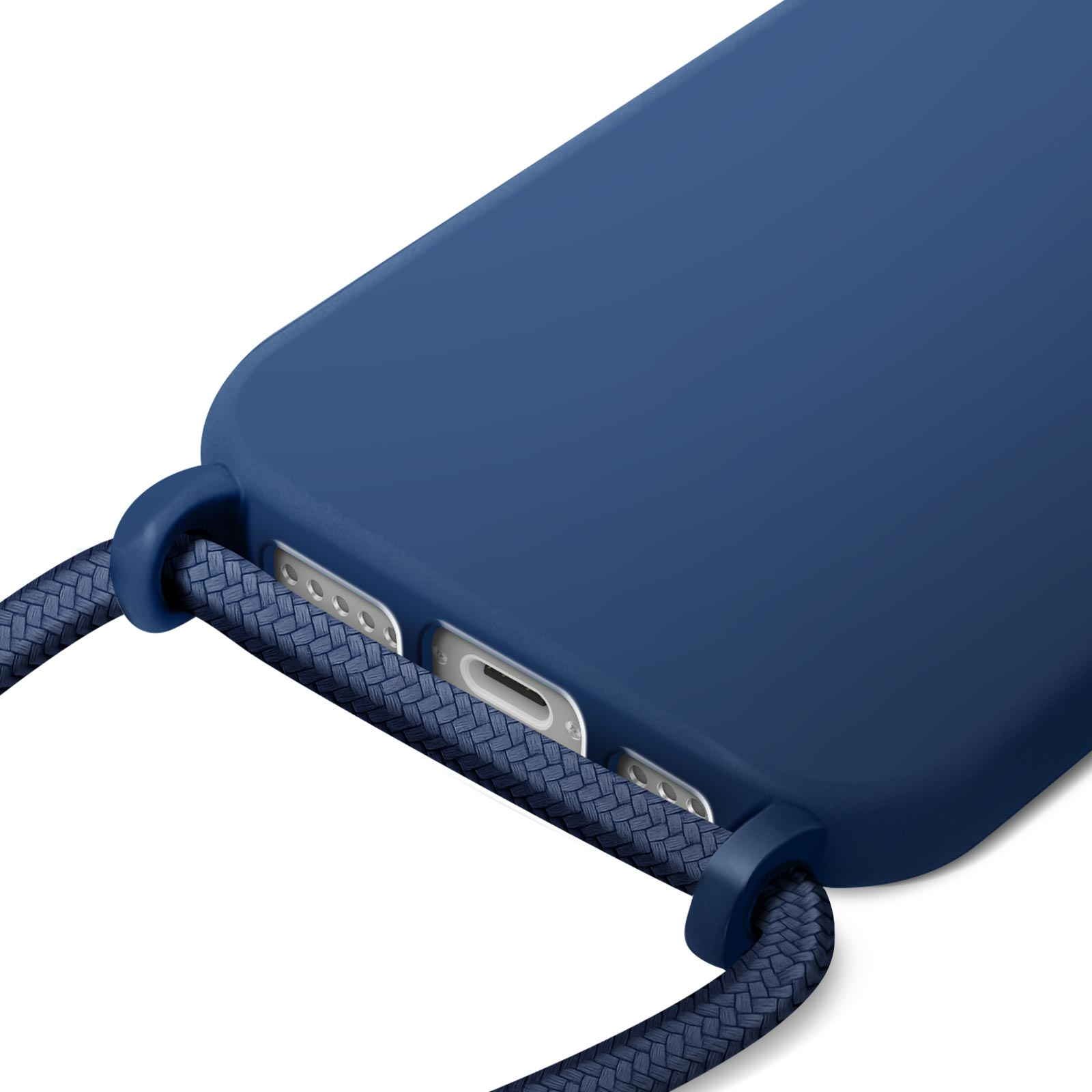 Coque de téléphone bleu foncé avec cordon assorti, sur fond blanc. Les ports du téléphone sont visibles.