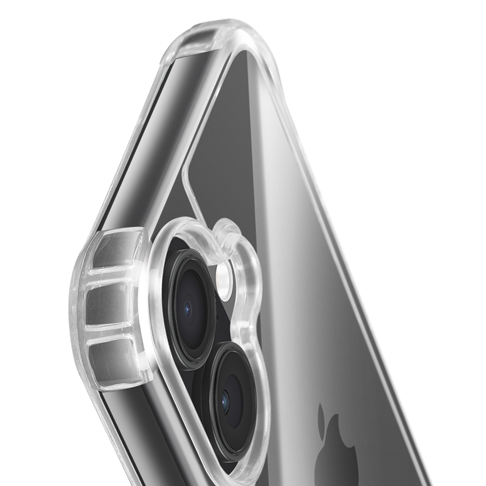 Gros plan d'un téléphone avec une coque transparente. Les objectifs de la caméra et le logo Apple sont visibles.