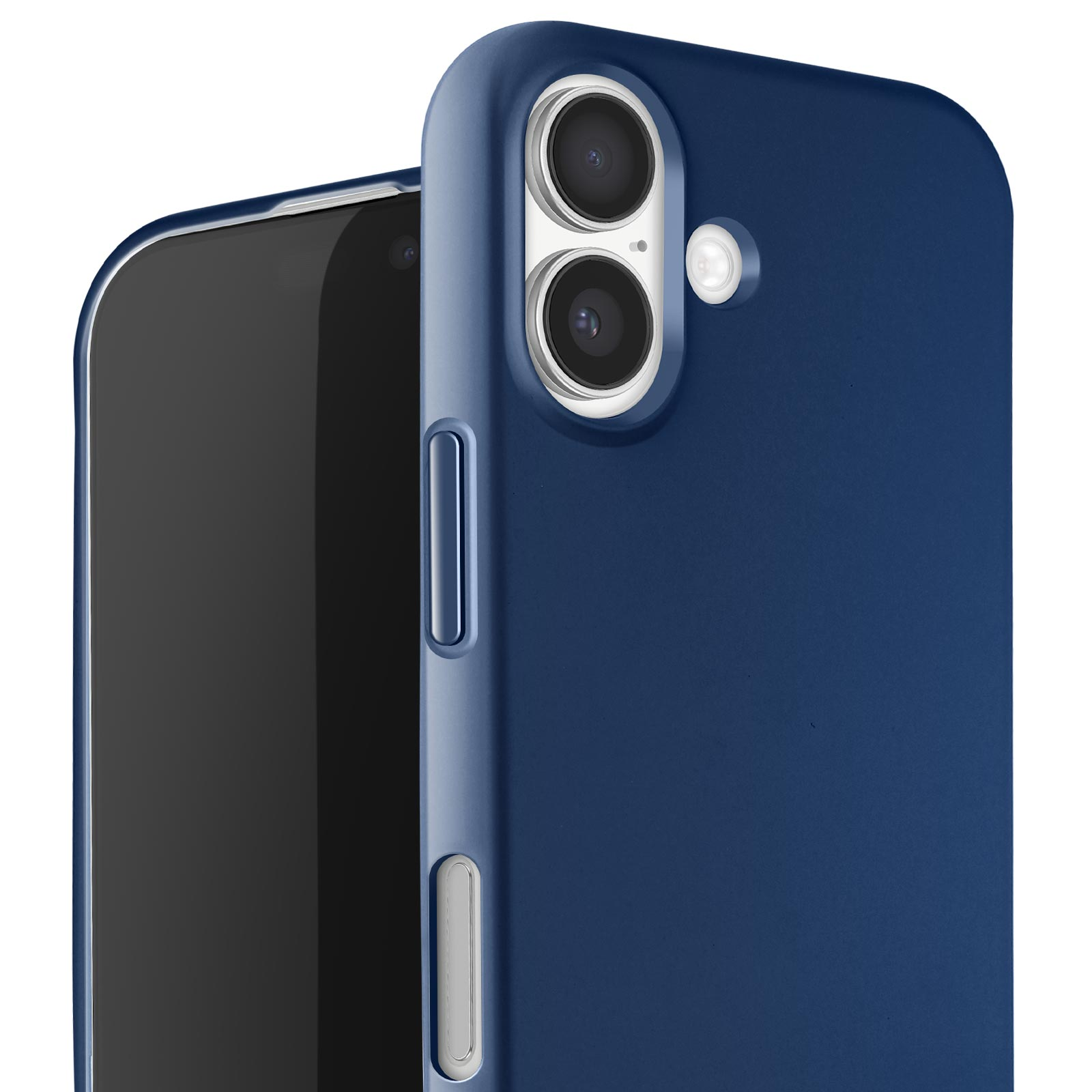 Coque de téléphone bleu foncé sur un téléphone noir. L'étui a des lentilles et des boutons.
