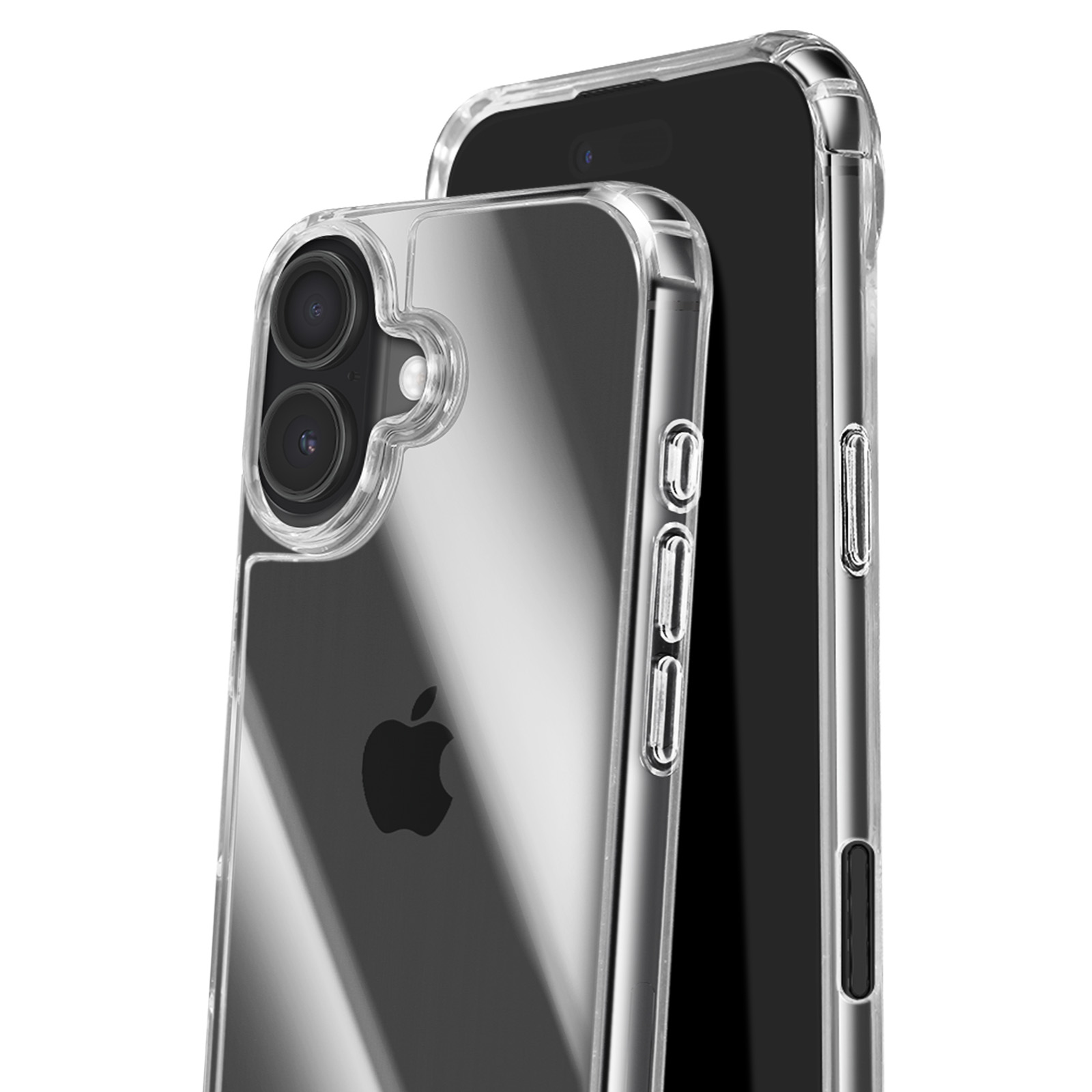 Deux coques de téléphone transparentes sur fond blanc. Une coque est devant, montrant les lentilles de la caméra et le logo Apple.