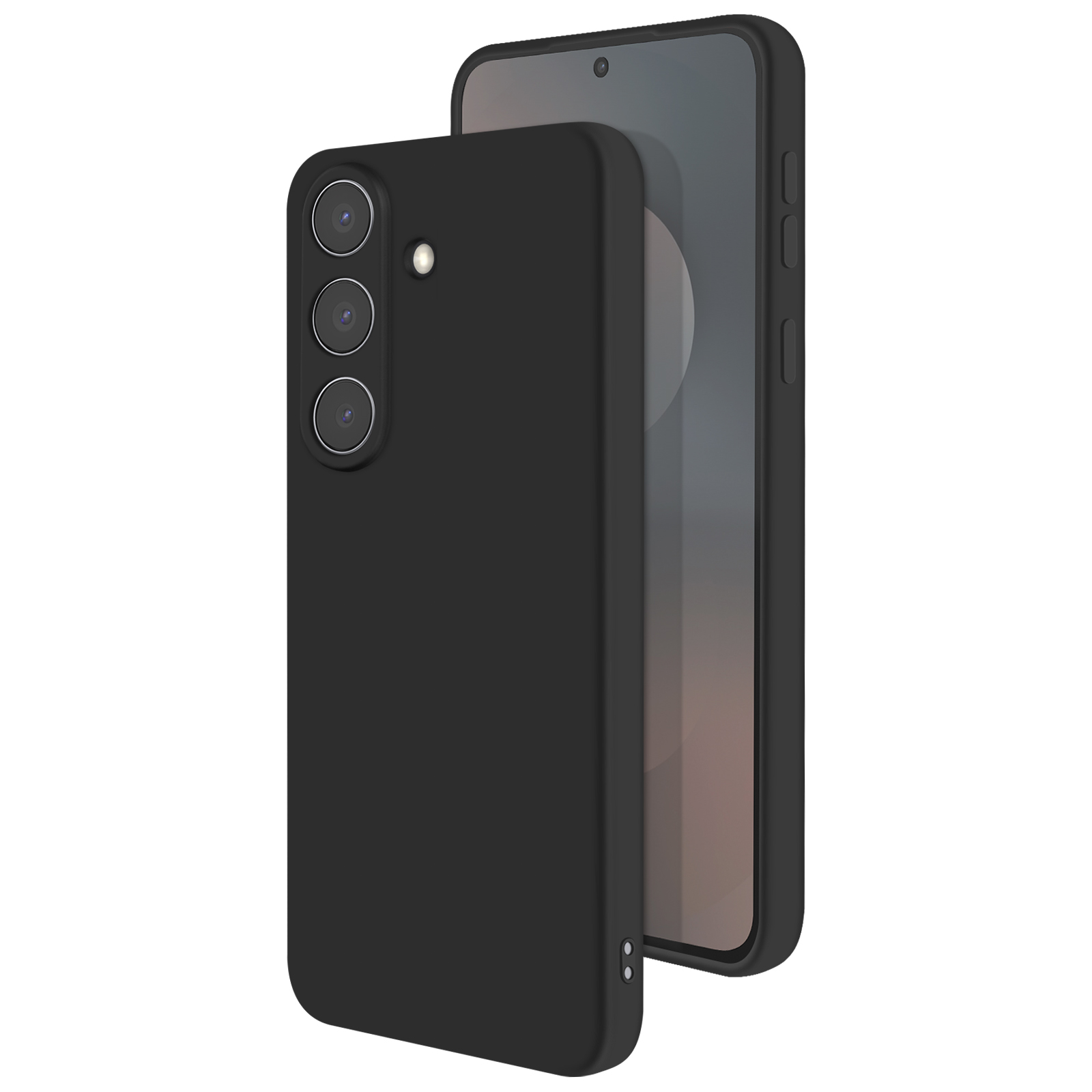 Een zwarte smartphone met een drievoudige lenscamera. Hij heeft een beschermhoes en het scherm is zichtbaar.