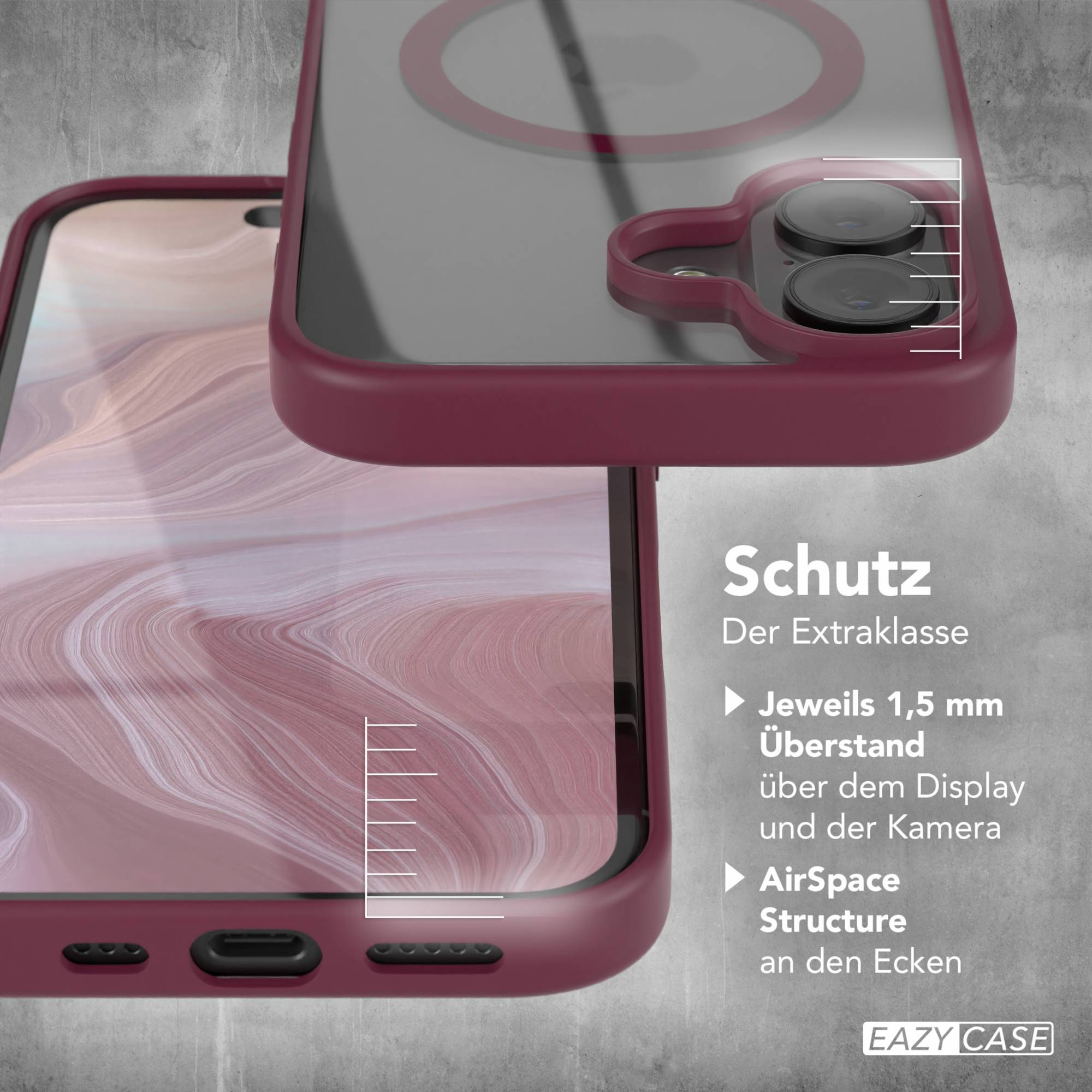 Eine weinrote Handyhülle mit Details zum Kamera- und Bildschirmschutz. Der Hintergrund ist grau.