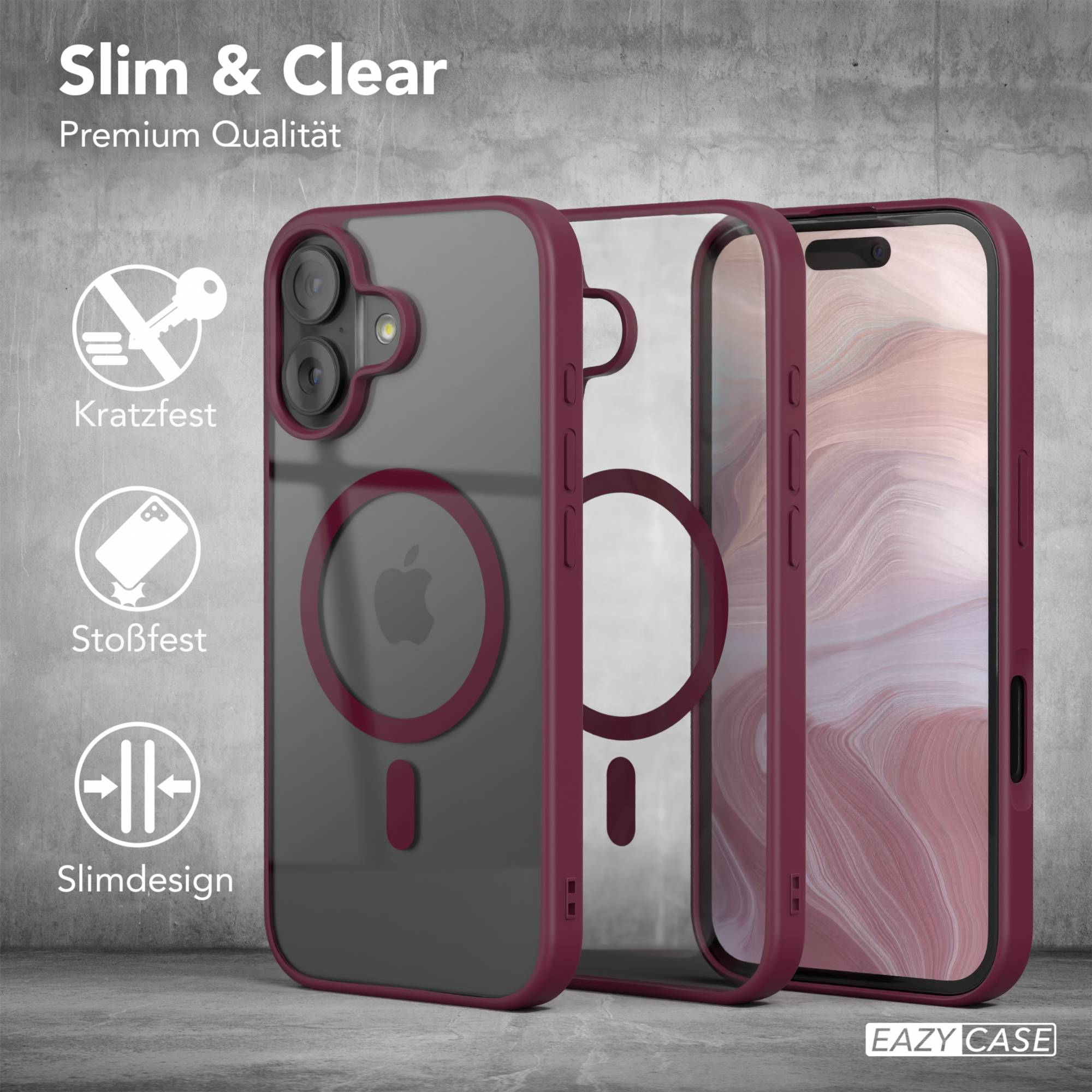 Drei Handyhüllen: klar, grau und burgunderrot. Text: Slim & Clear, Premium Qualität, Kratzfest, Stoßfest, Slimdesign, und EAZY CASE.