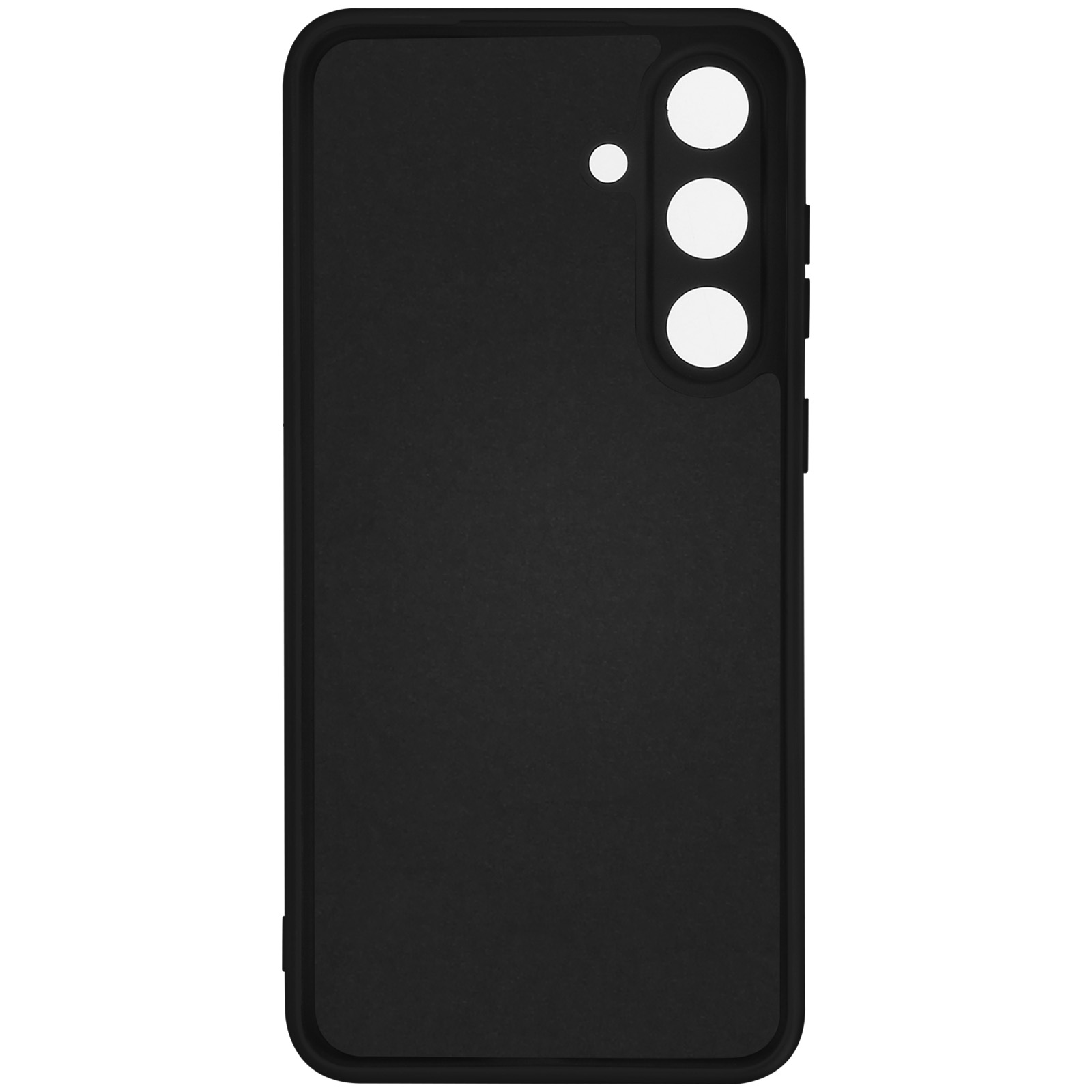Een zwarte telefoonhoes met camera-uitsparingen en knoppen, tegen een witte achtergrond.