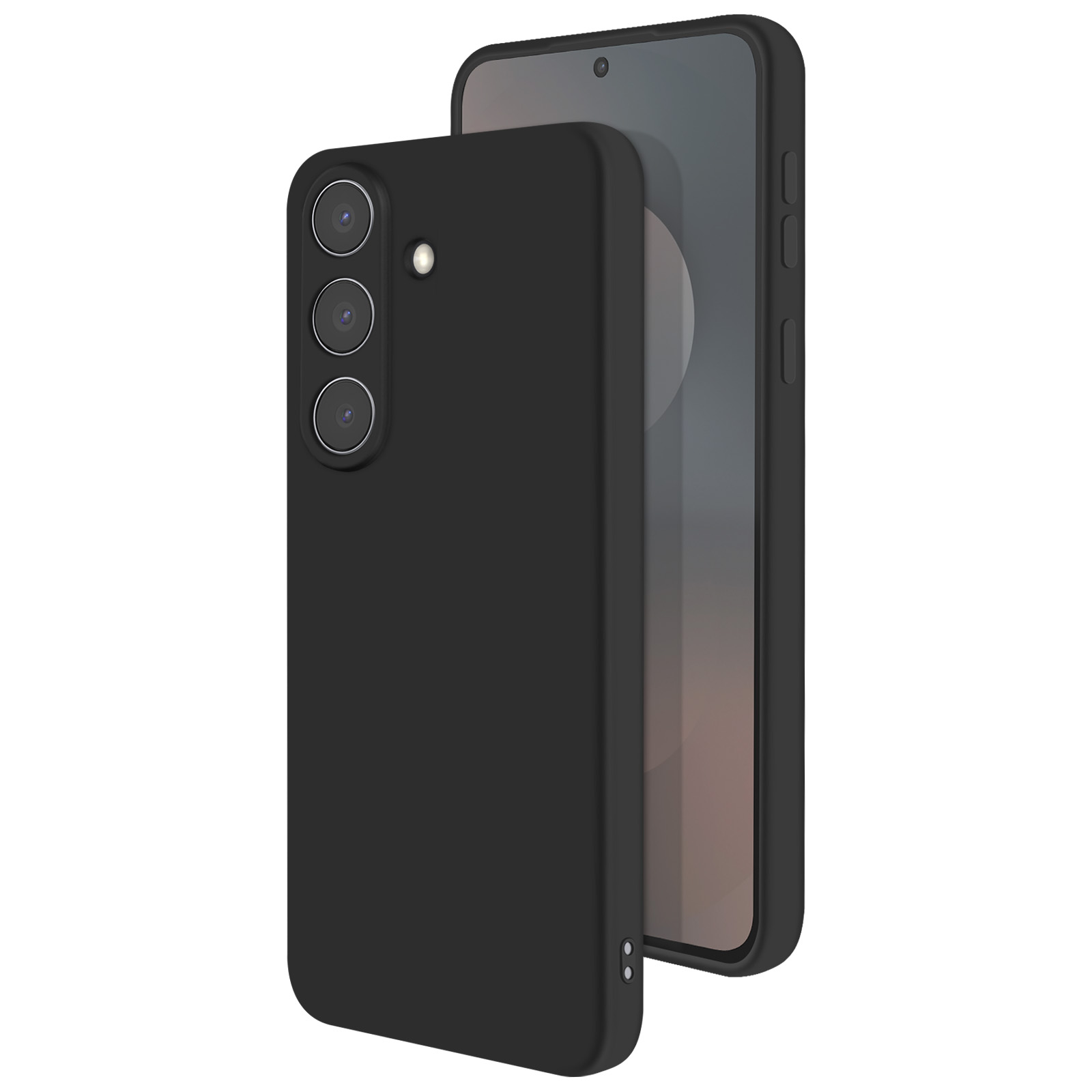 Zwarte smartphone met drievoudige camera en hoesje. Het scherm is zichtbaar met een lichte gradiënt.