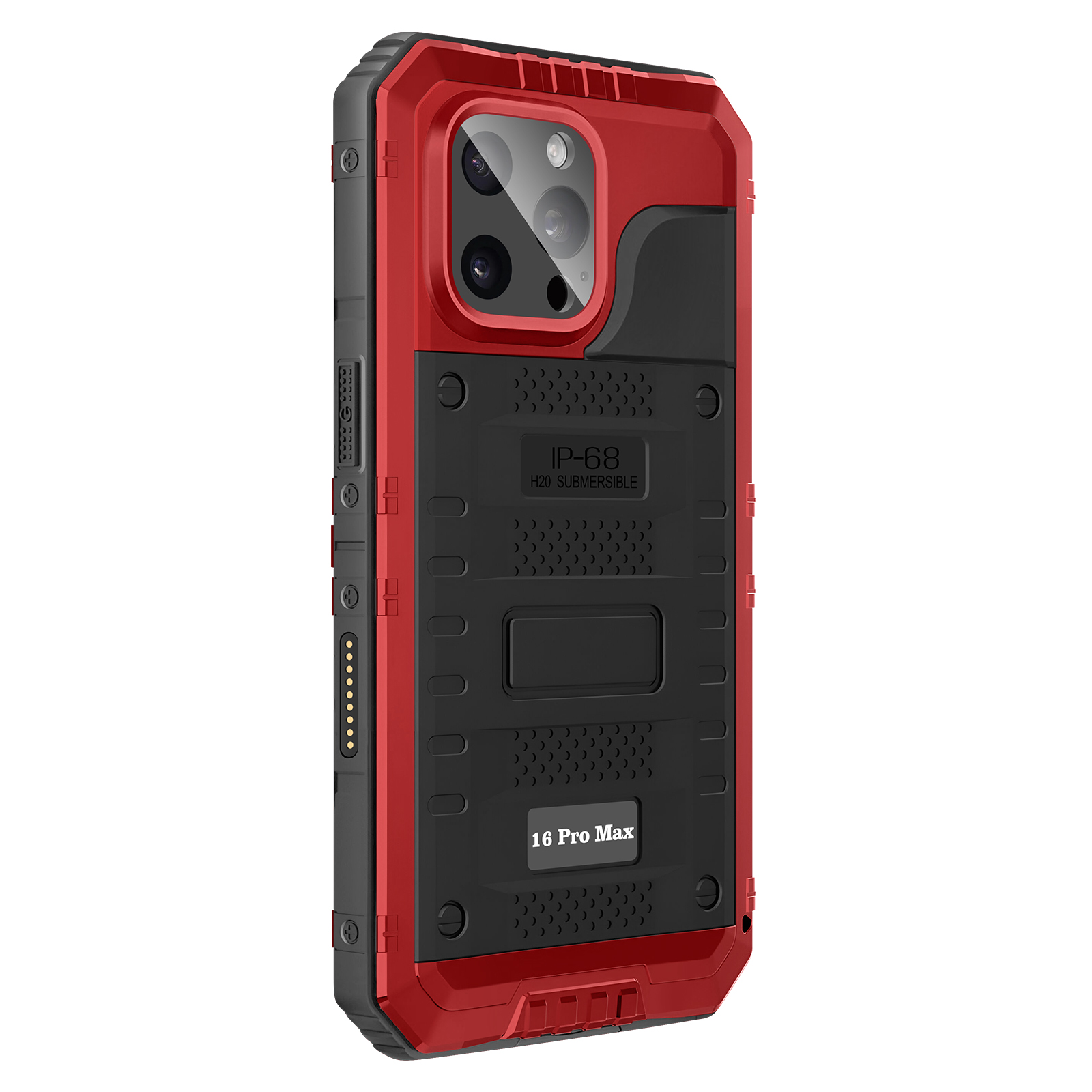 Una custodia per telefono rossa e nera con un ritaglio per la fotocamera. È stampato 'IP-68' e '16 Pro Max'.