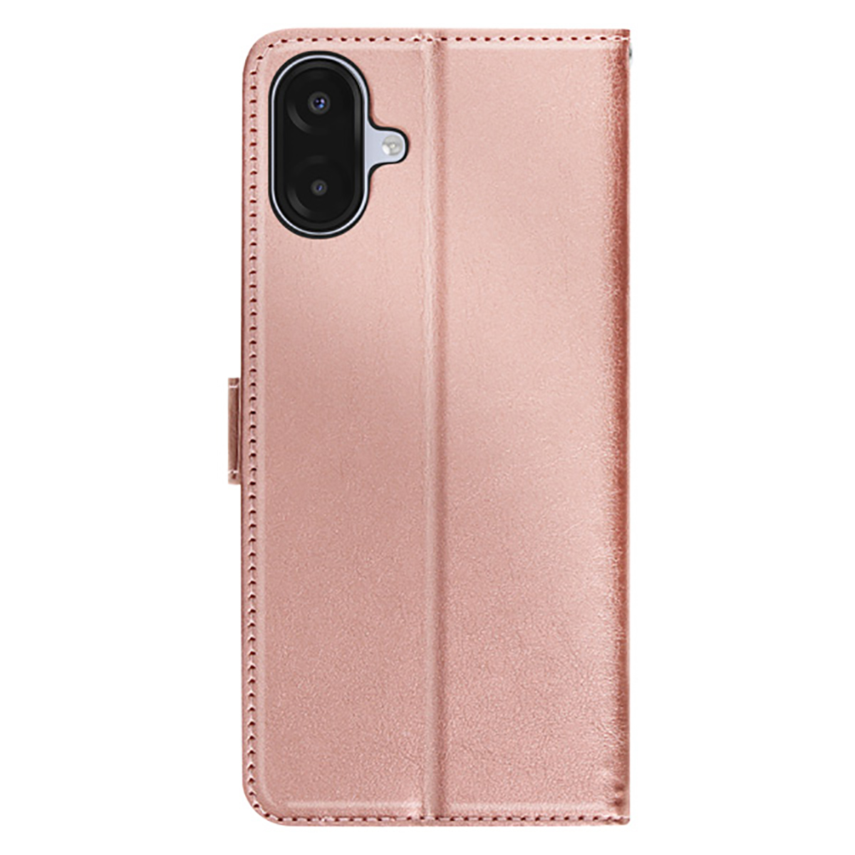 Un étui de téléphone rose doré est présenté, avec une découpe pour l'appareil photo en haut. L'étui est fermé par une fermeture magnétique.