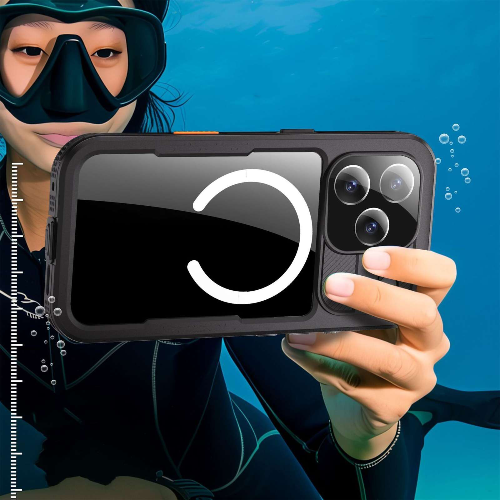Eine Person mit Tauchausrüstung hält unter Wasser ein Telefon in einer wasserdichten Hülle, mit blauem Hintergrund und Blasen.