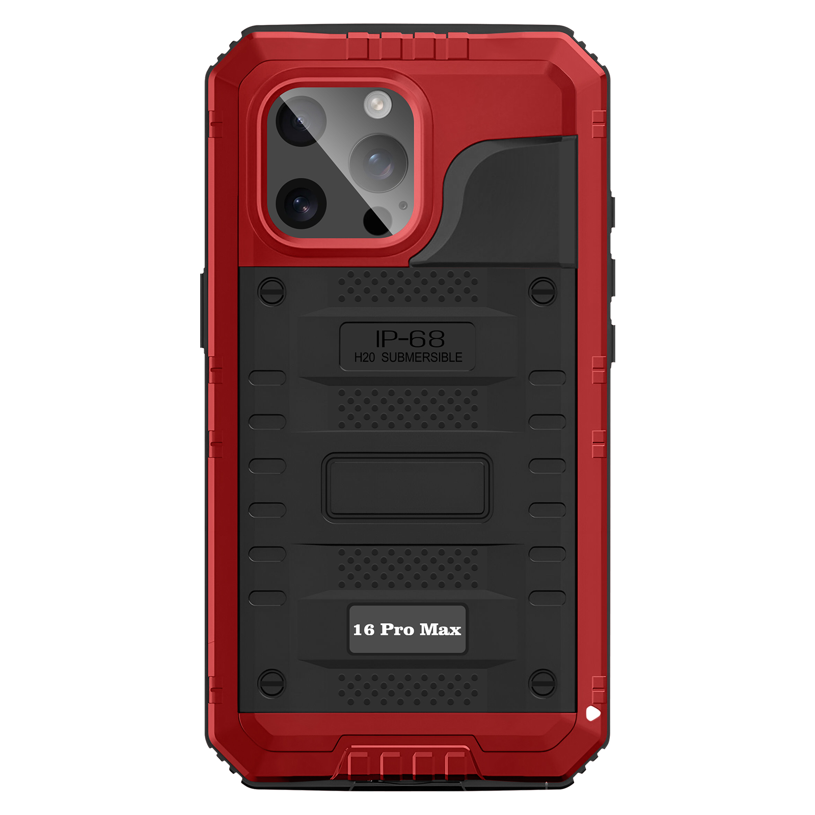 Una custodia per telefono rossa e nera per iPhone 16 Pro Max, con fori per fotocamera e IP-68.