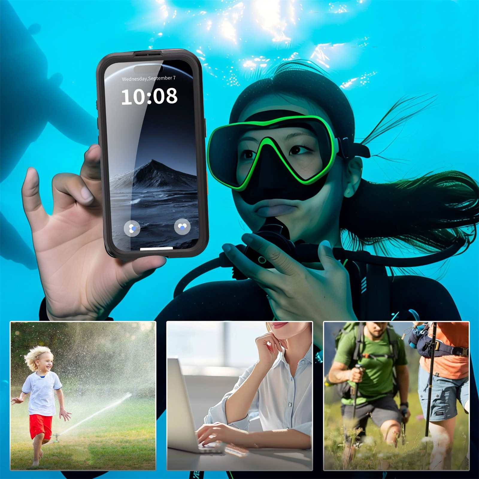 Taucher hält Unterwasser-Telefon und zeigt die Zeit. Darunter rennt ein Junge durch Sprinkler, eine Frau benutzt einen Laptop, Wanderer gehen.