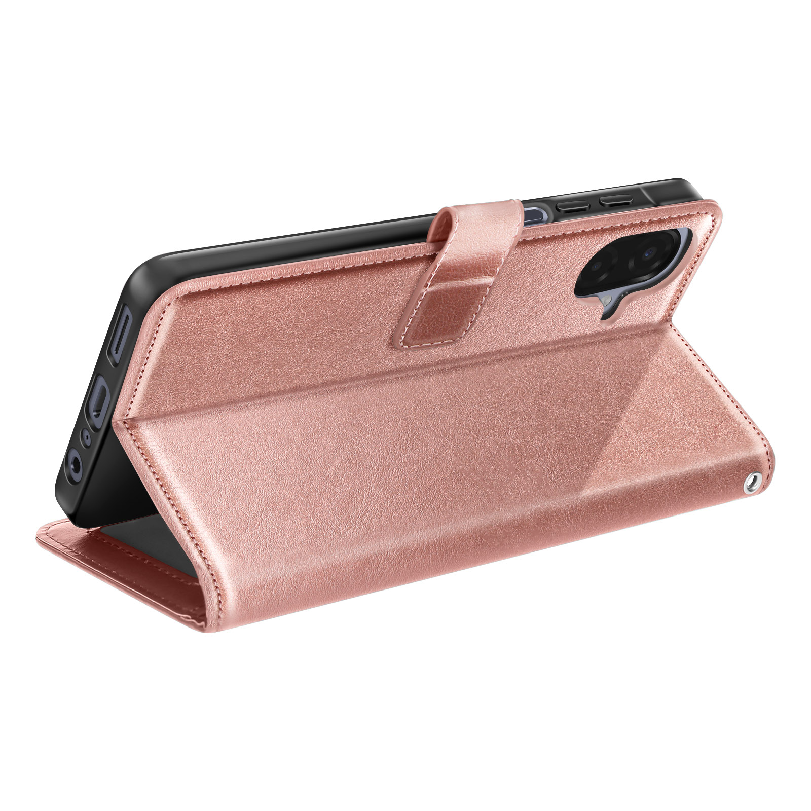 Un étui de téléphone rose doré est ouvert, montrant le téléphone. L'étui est en simili cuir avec une fermeture magnétique.