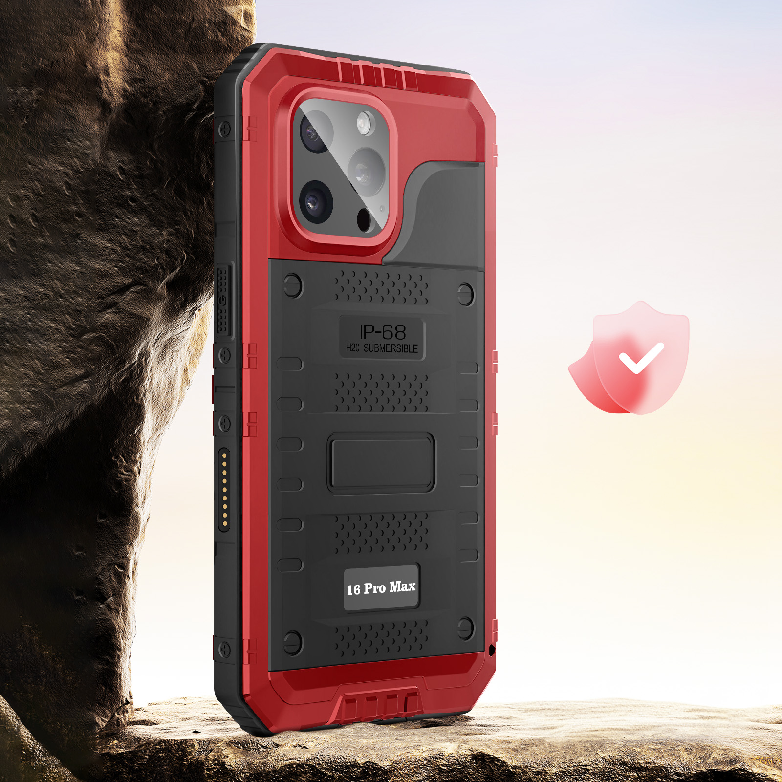 Custodia per telefono rossa e nera con fotocamera, classificazione IP-68 ed etichetta '16 Pro Max'. Su una superficie di pietra con un'icona di scudo.