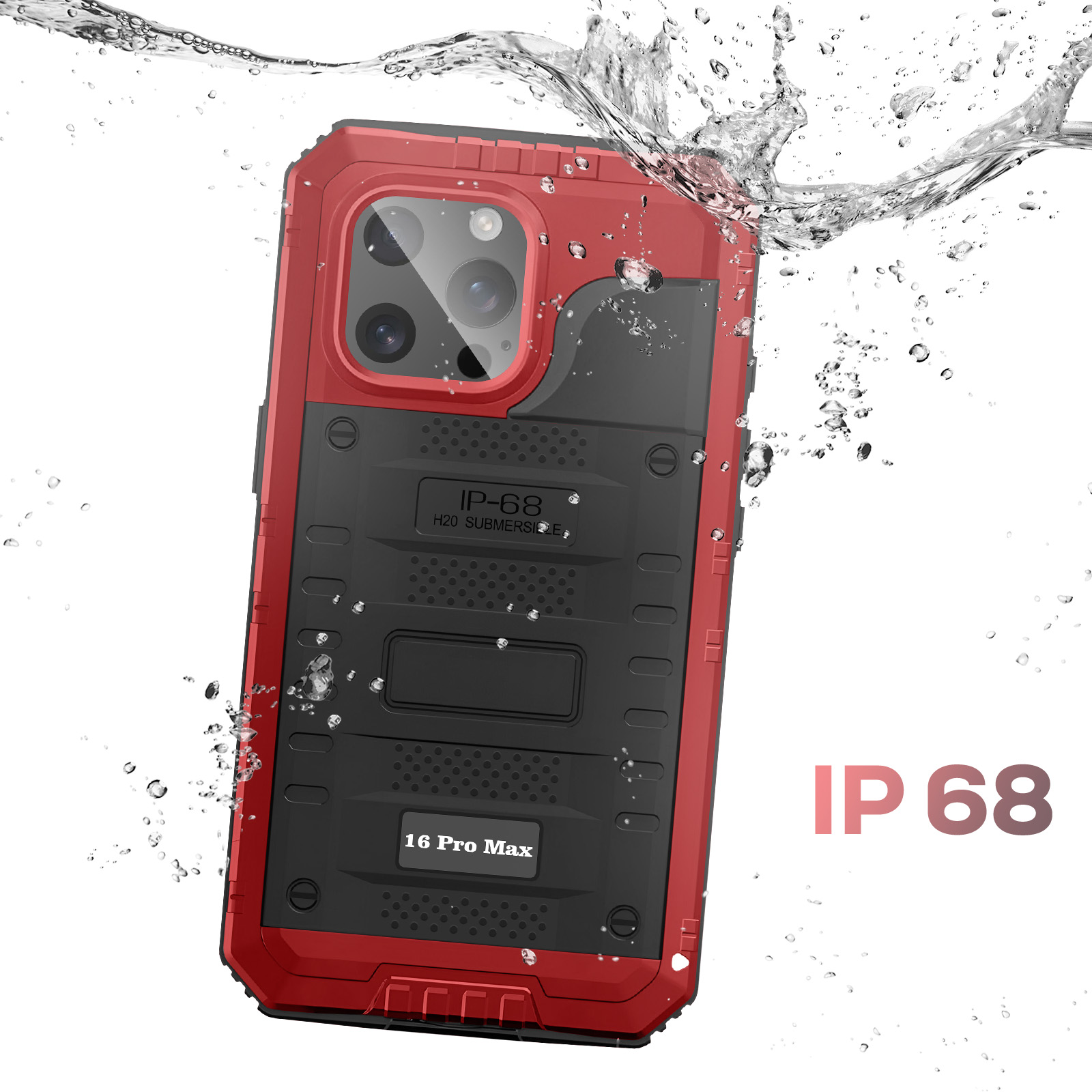 Custodia per telefono impermeabile rossa e nera con schizzi d'acqua. La custodia è per iPhone 16 Pro Max, con classificazione IP-68.