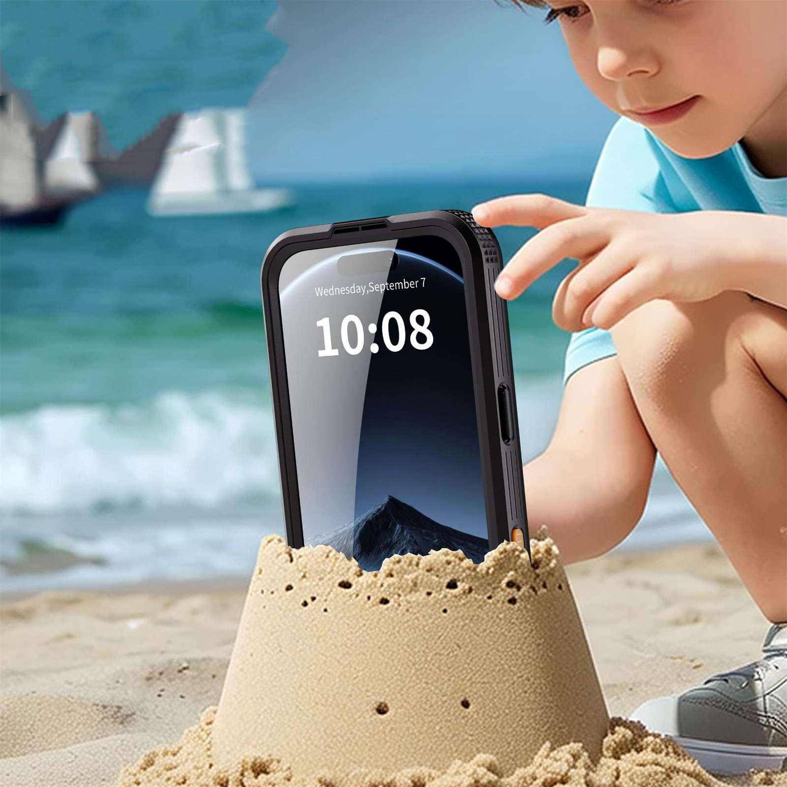 Ein Kind berührt ein Telefon in einer Sandburg am Strand. Das Telefon zeigt die Uhrzeit an. Segelboote sind in der Ferne zu sehen.