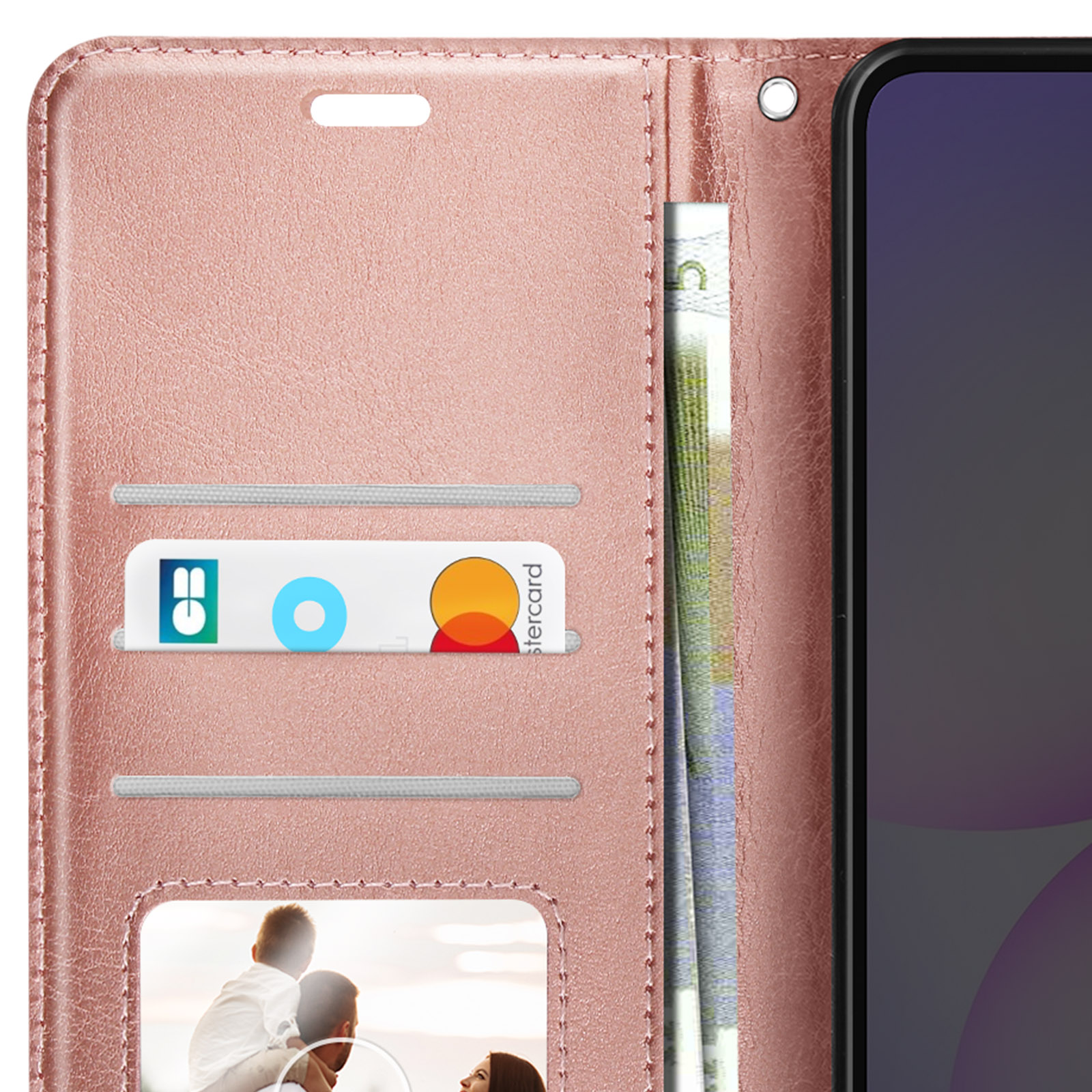 Étui de téléphone rose avec emplacements pour cartes. Contient un téléphone, des cartes et une image. Le fond fait partie de l'étui.