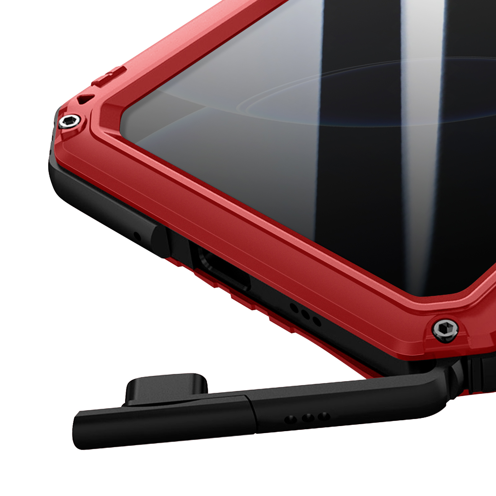 Primo piano di una custodia rossa per telefono con dettagli neri. Un accessorio nero si estende dal telefono.