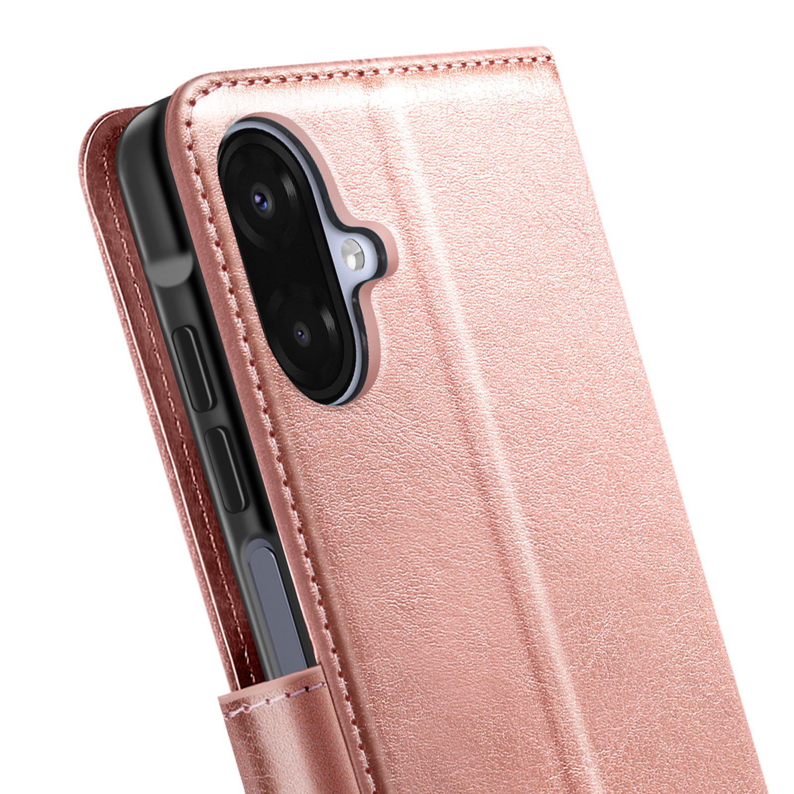 Un étui de téléphone or rose protège un téléphone. L'étui est en simili cuir avec des coutures et des découpes.