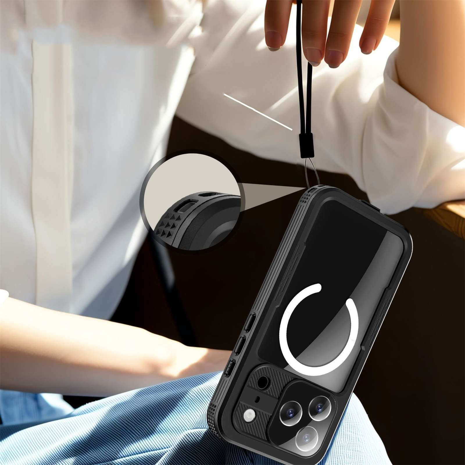Person hält ein schwarzes Telefon mit Hülle. Ein Riemen ist mit dem Telefon verbunden.