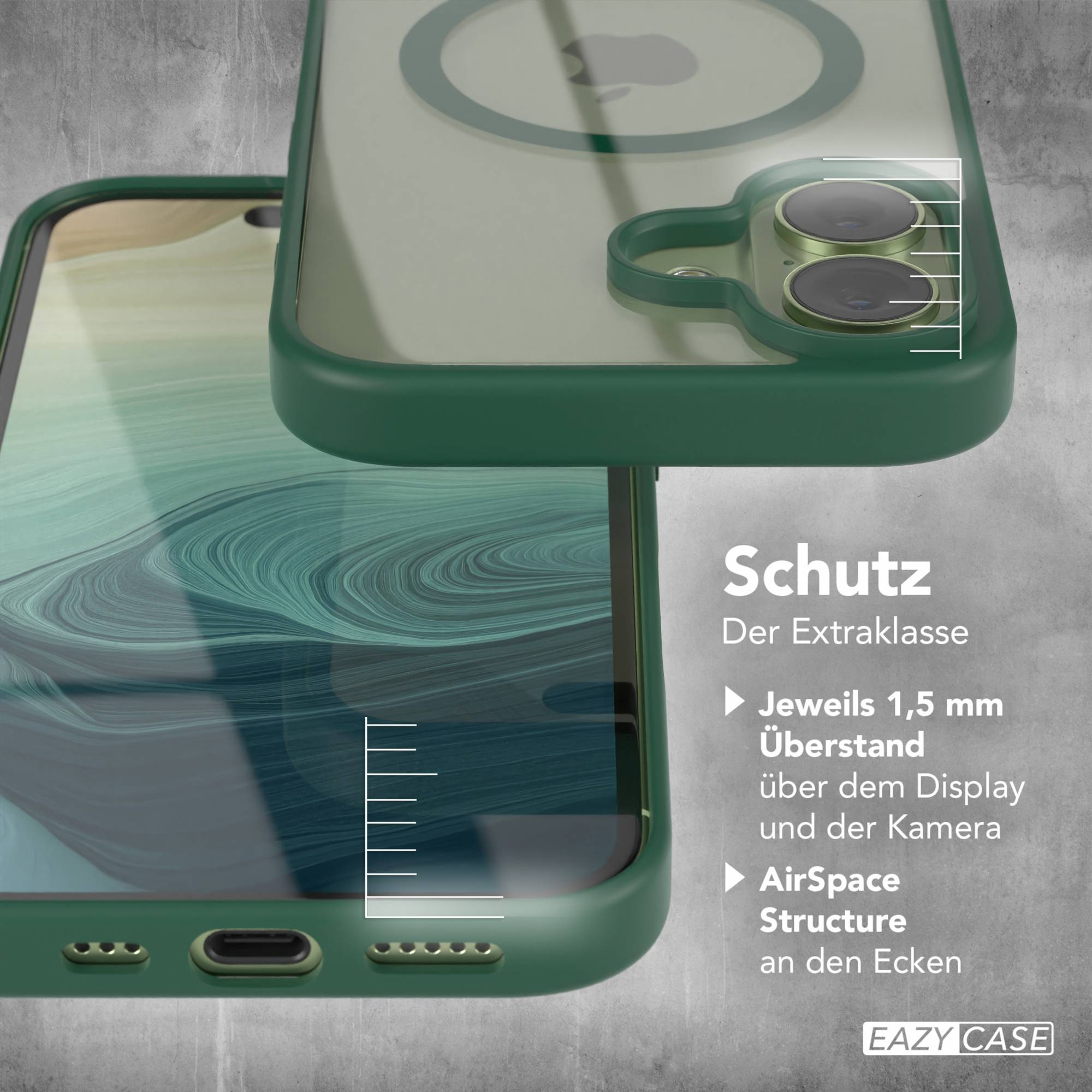 Grüne Handyhülle mit teilweise eingelegtem Telefon. Merkmale sind Kameraschutz und Eck-Airspace-Struktur.