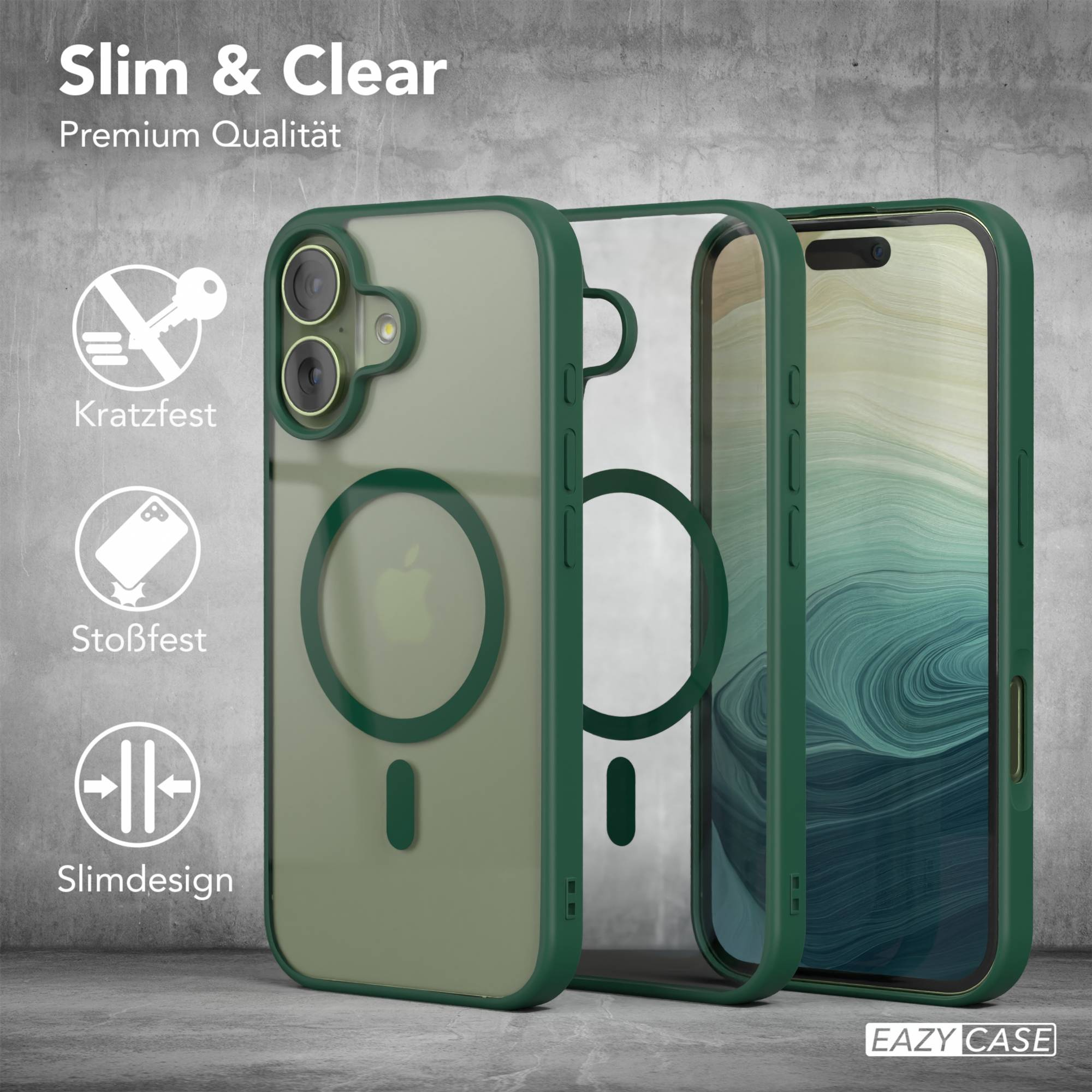 Drei Handyhüllen: grüner Rahmen, transparente Rückseite. Text: Slim & Clear, Premium Qualität, Kratzfest, Stoßfest, Slimdesign. Hintergrund: grau.