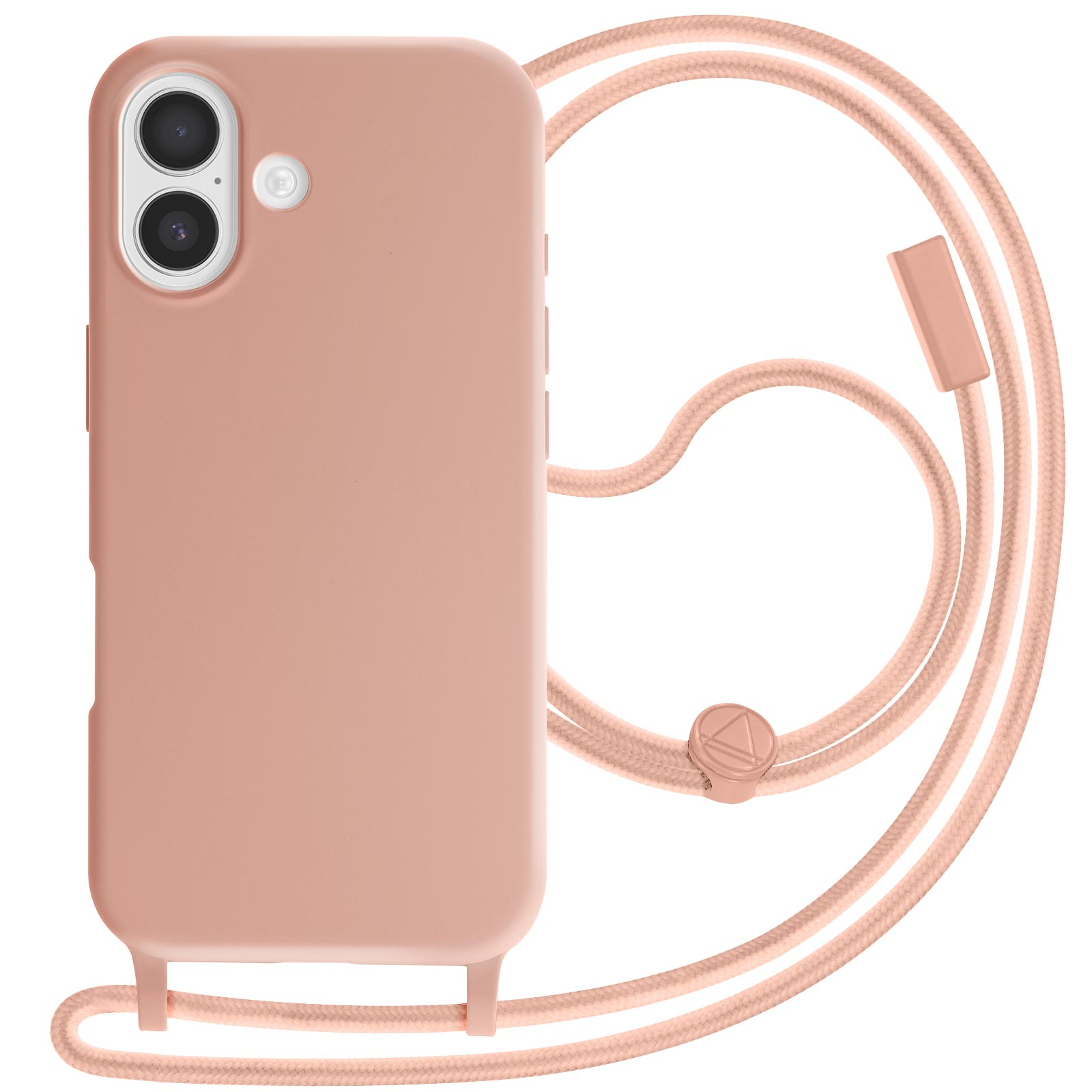 Un étui de téléphone et un cordon de couleur rose. L'étui a deux caméras. Le cordon est en matériau tissé et a une fermeture.