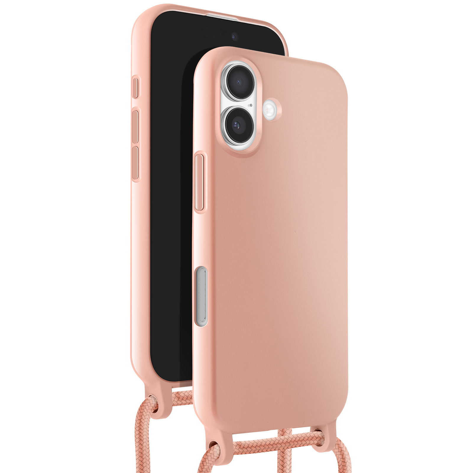 Deux coques de téléphone roses avec un écran noir à l'intérieur. L'une a une lanière. Les coques ont des trous pour l'appareil photo.