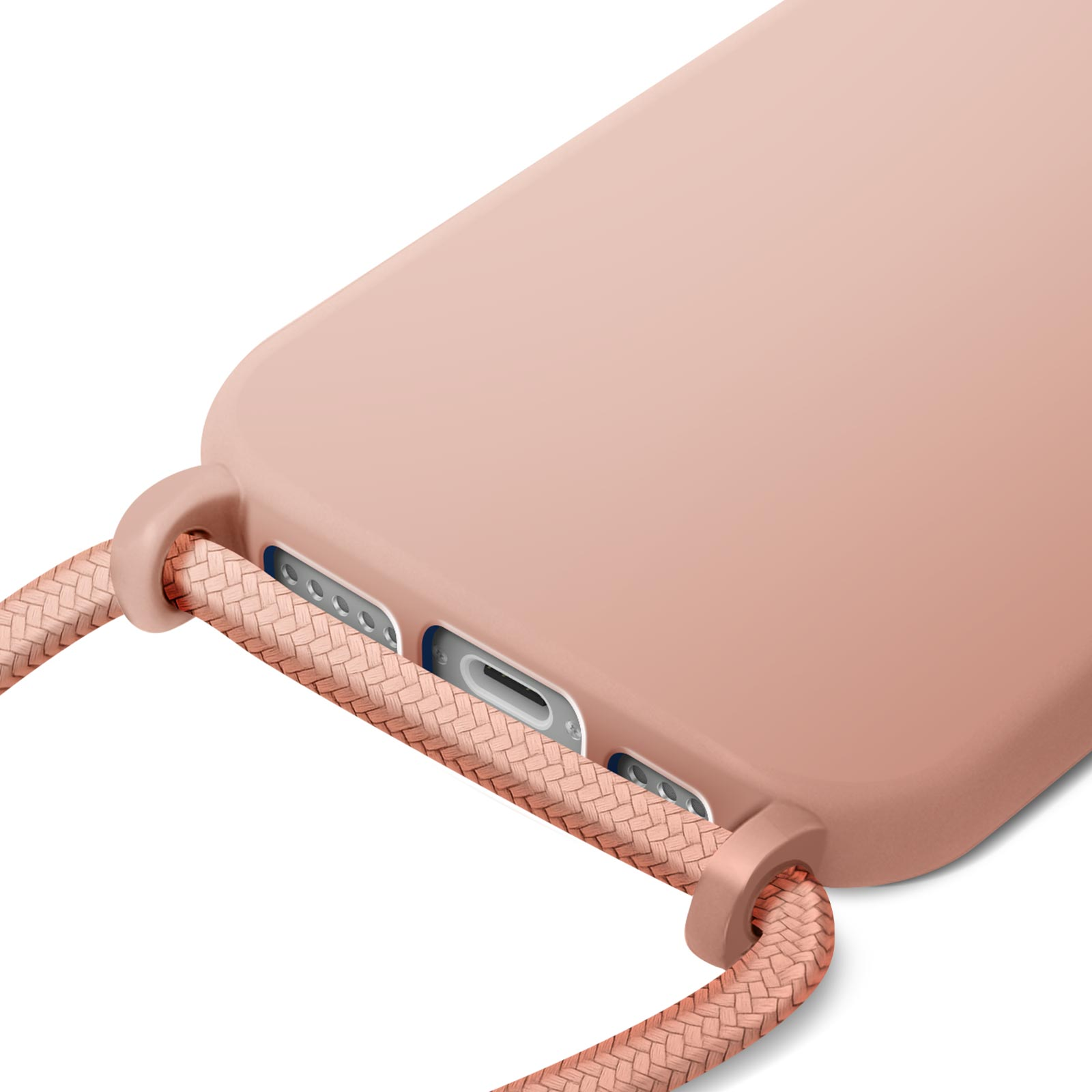 Gros plan sur un étui de téléphone rose avec une sangle en corde tressée. L'étui a des ouvertures pour les ports et les boutons.