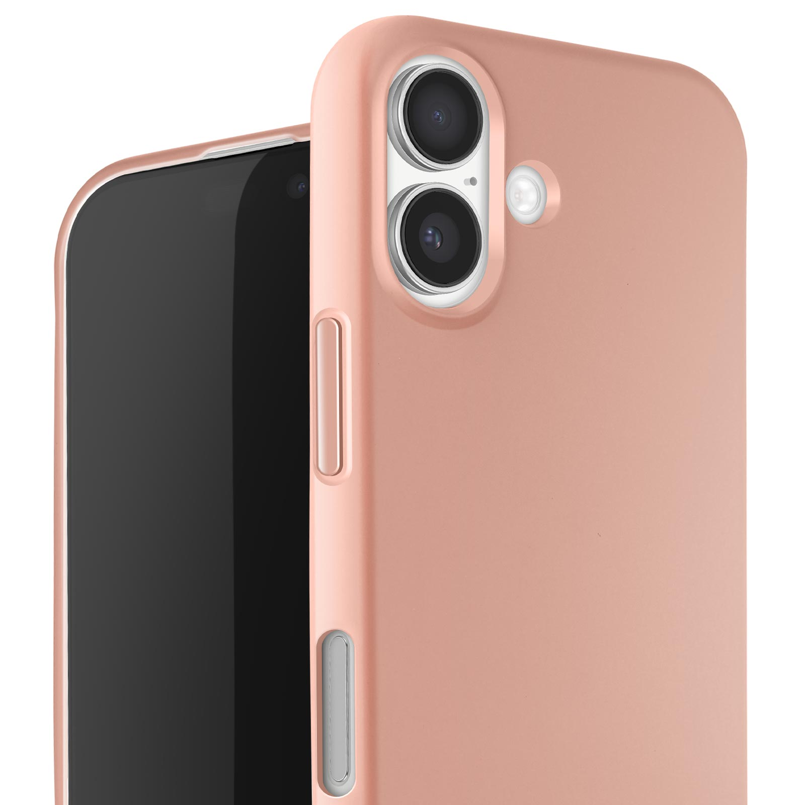 Un étui de téléphone rose doré avec un écran noir est présenté. L'étui a deux objectifs d'appareil photo et un flash.