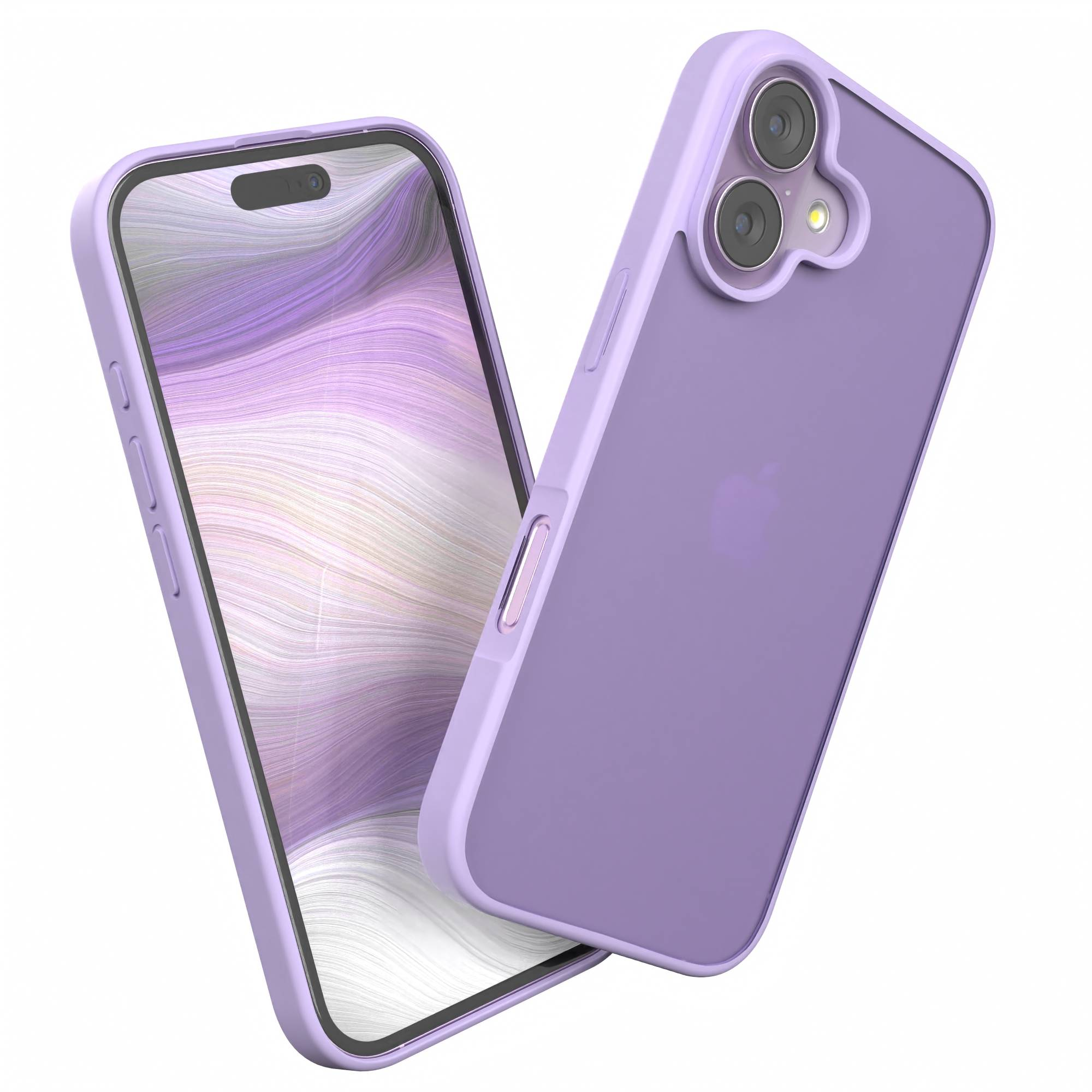 Zwei lila iPhone-Hüllen, eine mit dem Telefon. Der Hintergrund ist weiß.