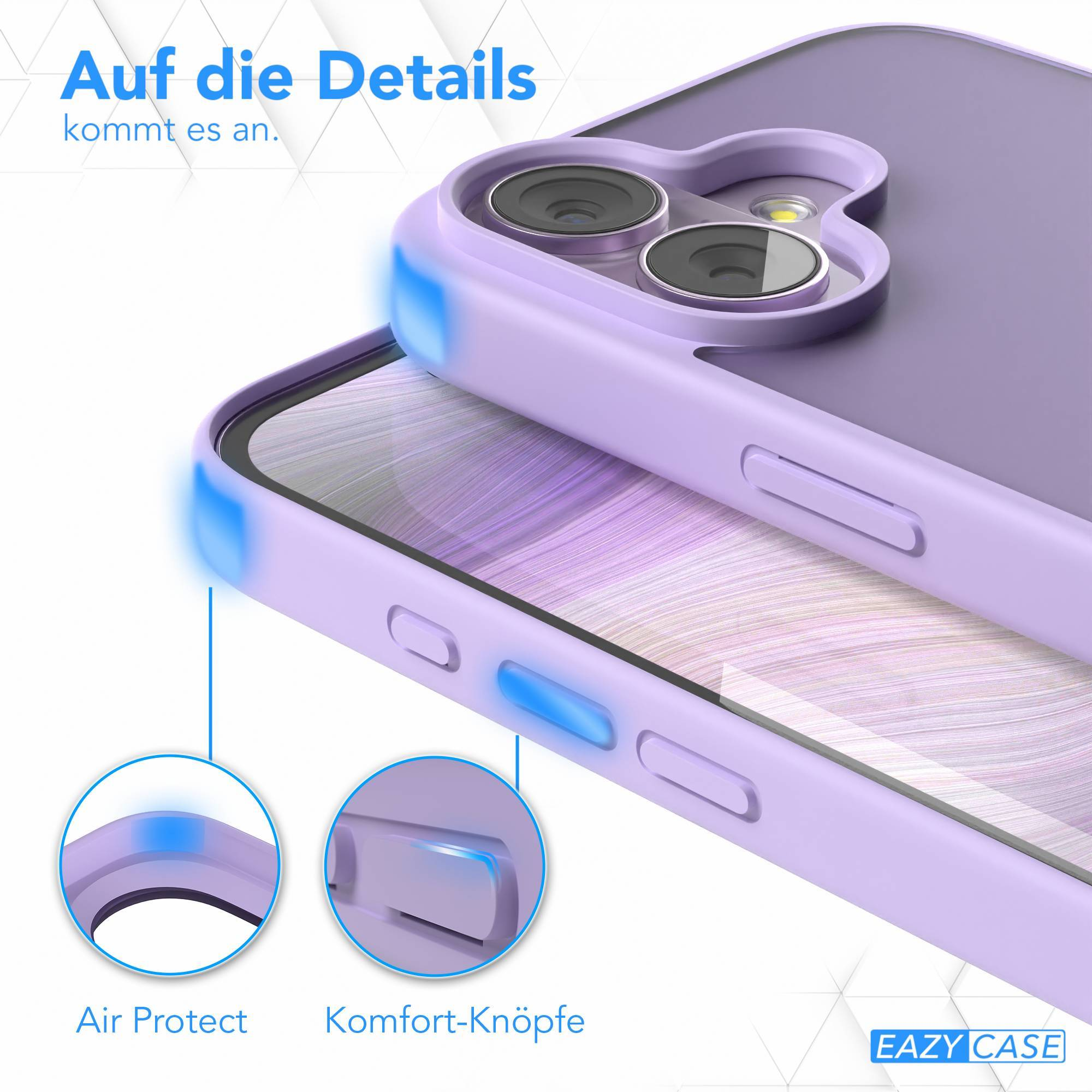 Ein lila Handyhülle mit Kameraausschnitt wird gezeigt. Details werden hervorgehoben, die Hülle hat Knöpfe und Luftschutz.