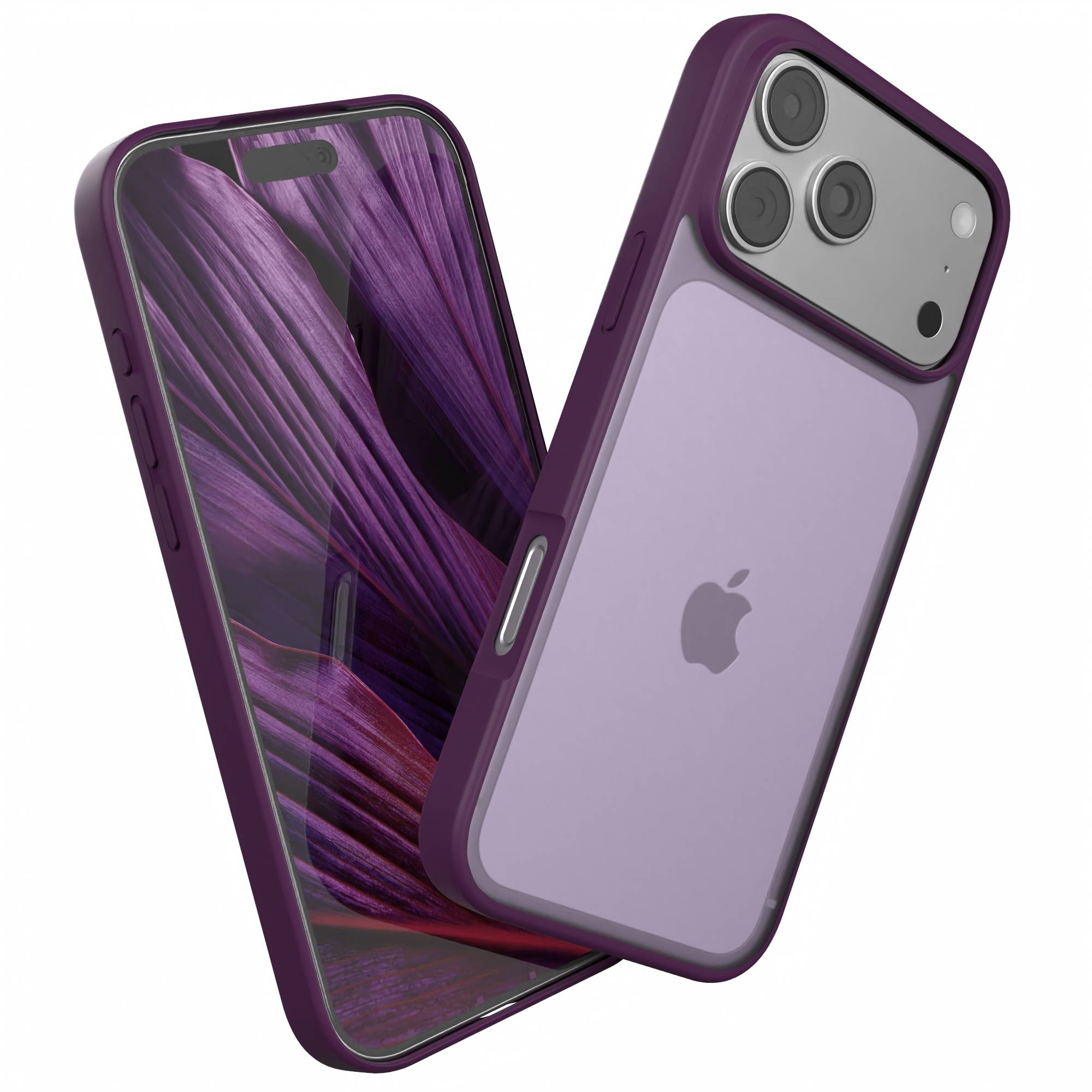 Lila Handyhülle mit iPhone. Der Bildschirm zeigt abstrakte lila Kunst. Die Rückseite hat Apple-Logo und Kameras.