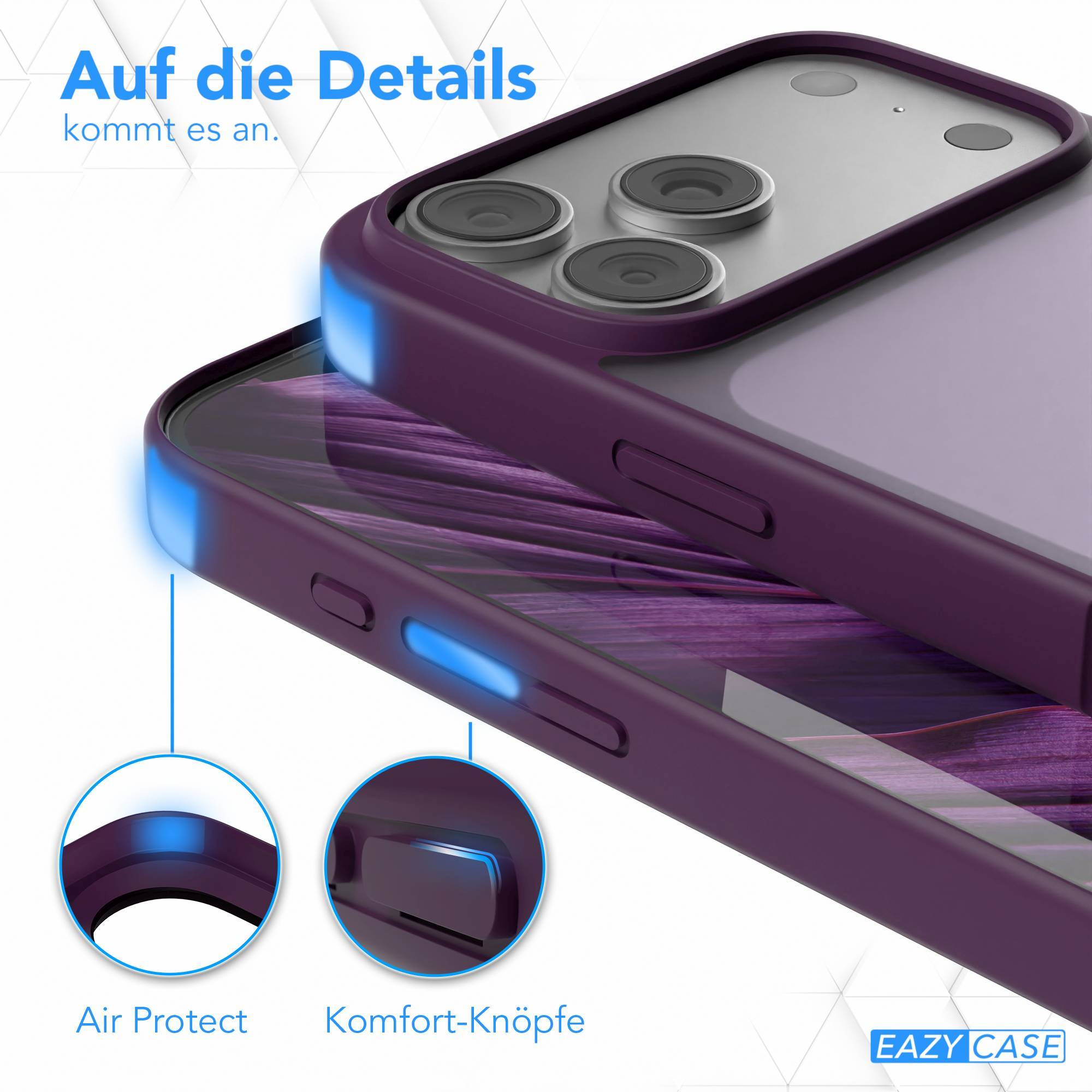 Nahaufnahme einer lila Handyhülle mit einem Telefon darin. Text: Auf die Details kommt es an. Details umfassen Air Protect und Komfort-Knöpfe.