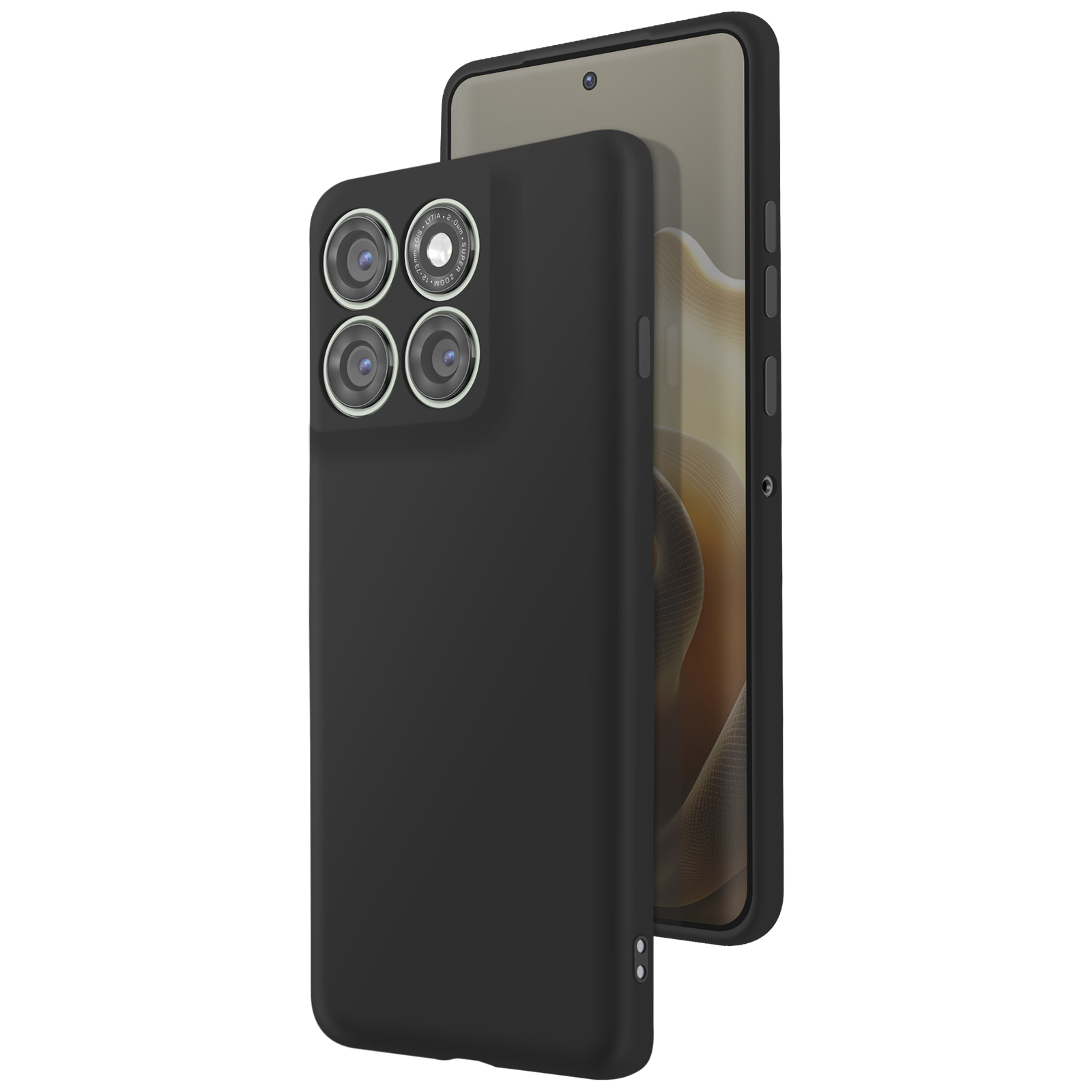 Telefono nero con custodia protettiva. La custodia ha un modulo fotocamera con quattro lenti. Il telefono è leggermente aperto.