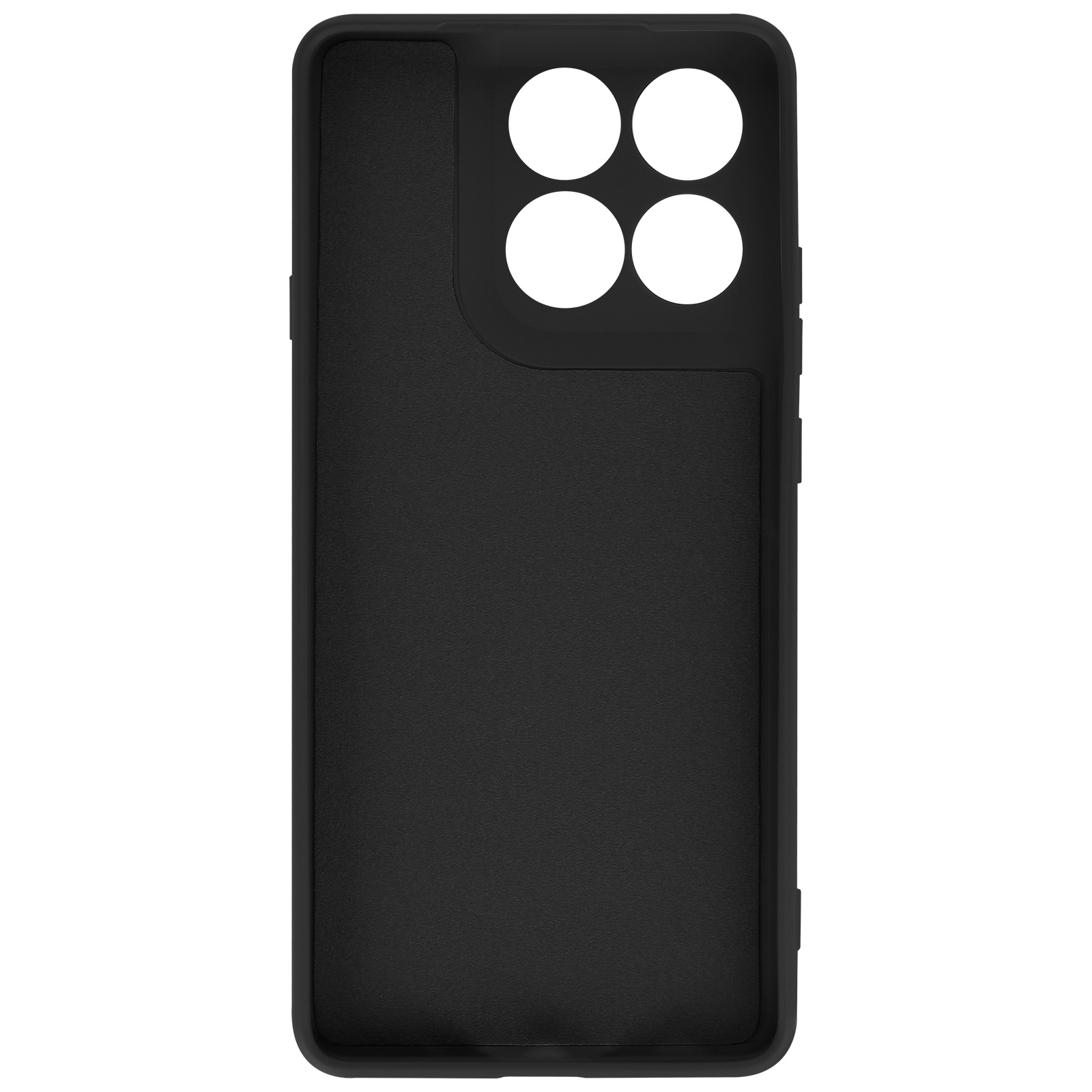 Custodia nera per telefono con fori per fotocamera. La custodia è semplice e ha una superficie strutturata.