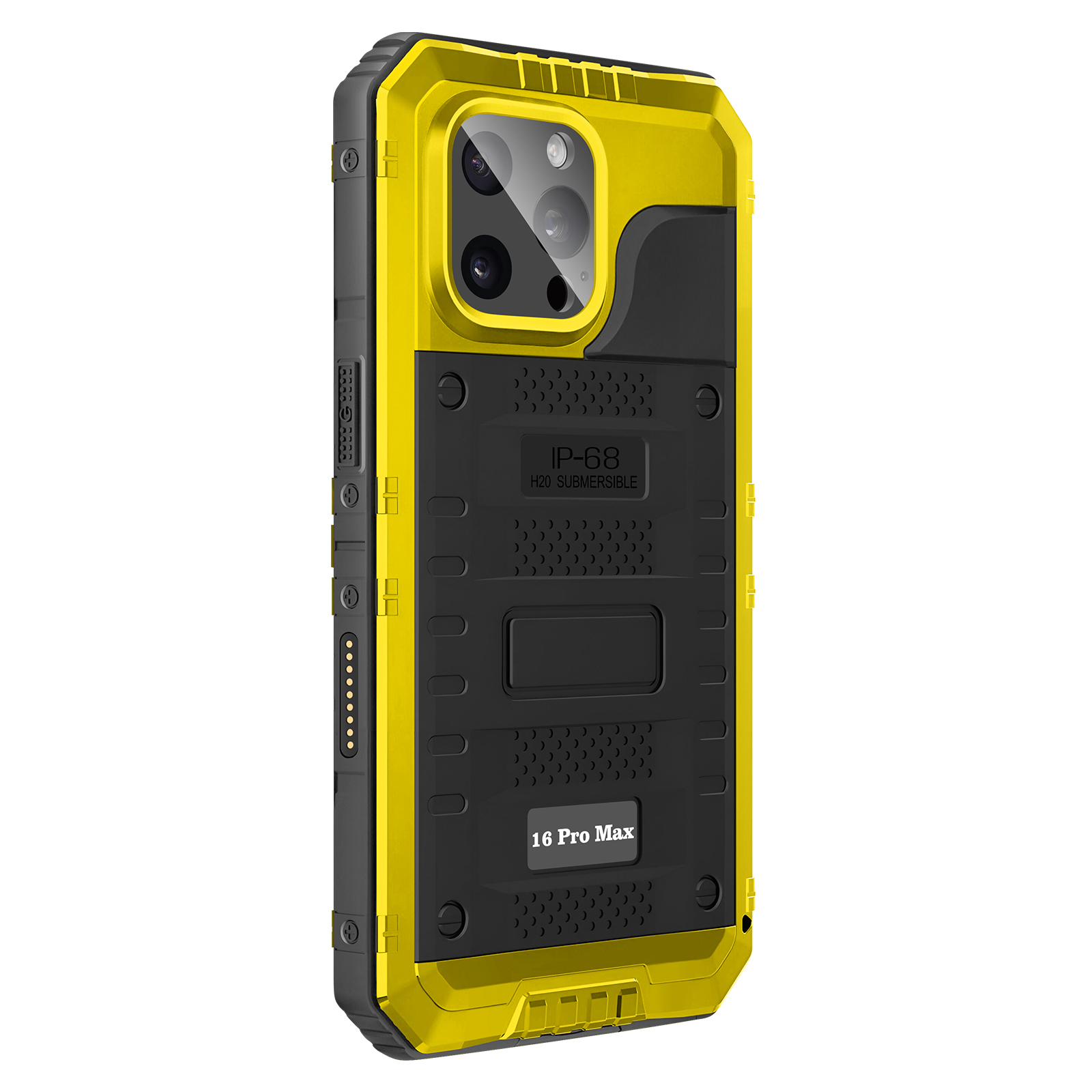 Custodia protettiva gialla e nera per telefono. Ha un ritaglio per la fotocamera e la scritta "IP-68 H2O Submersible".