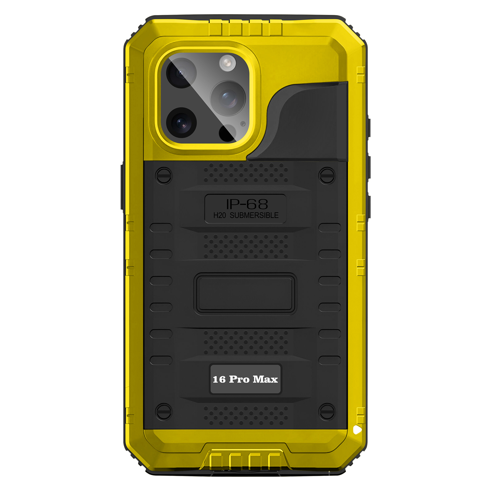 Custodia per telefono gialla e nera. Ha un ritaglio per la fotocamera, marchio IP-68 e l'etichetta '16 Pro Max'.