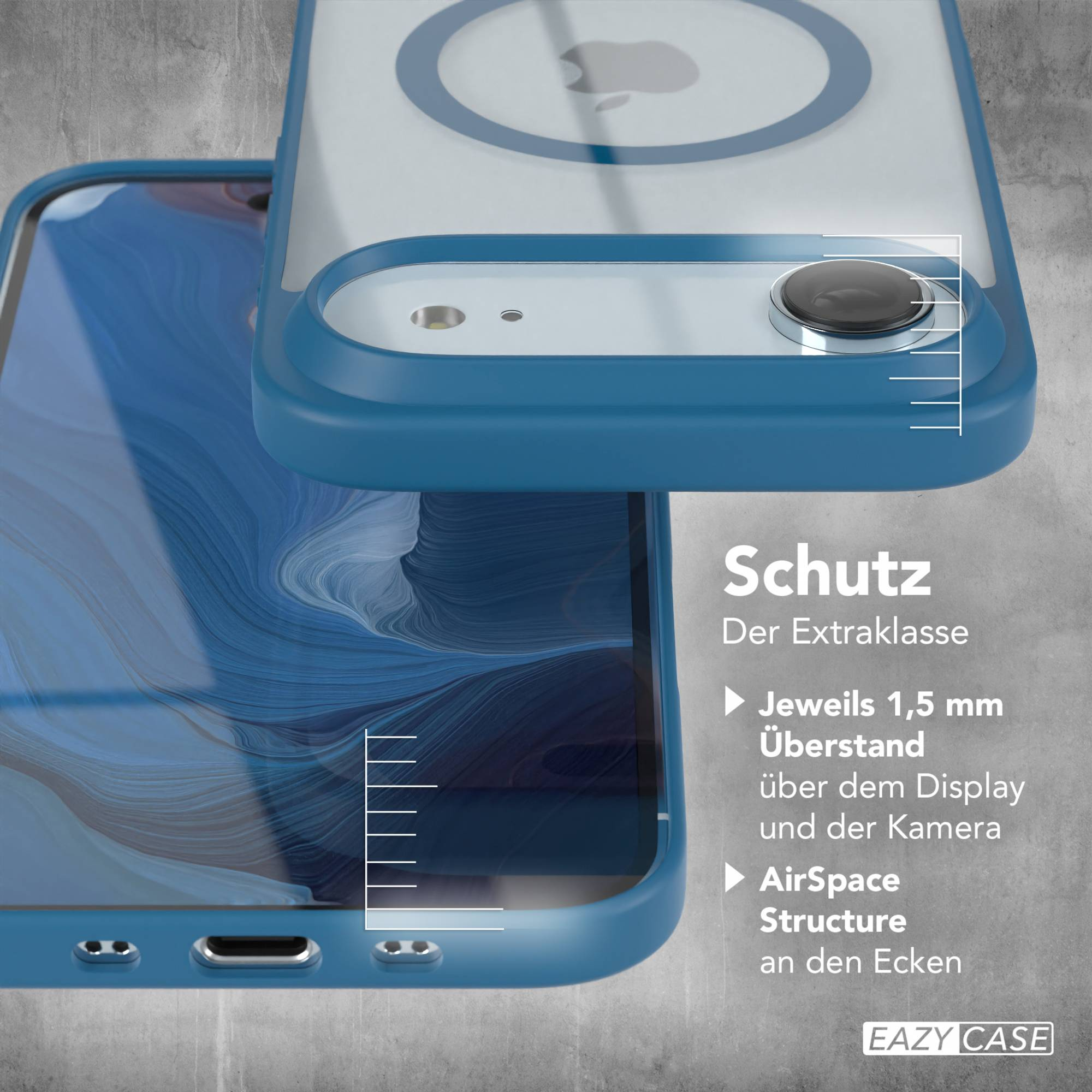 Gezeigte Handyhülle schützt das Telefon. Die Hülle ist blau, mit weißer Rückseite. Text auf Deutsch zeigt Schutzfunktionen.