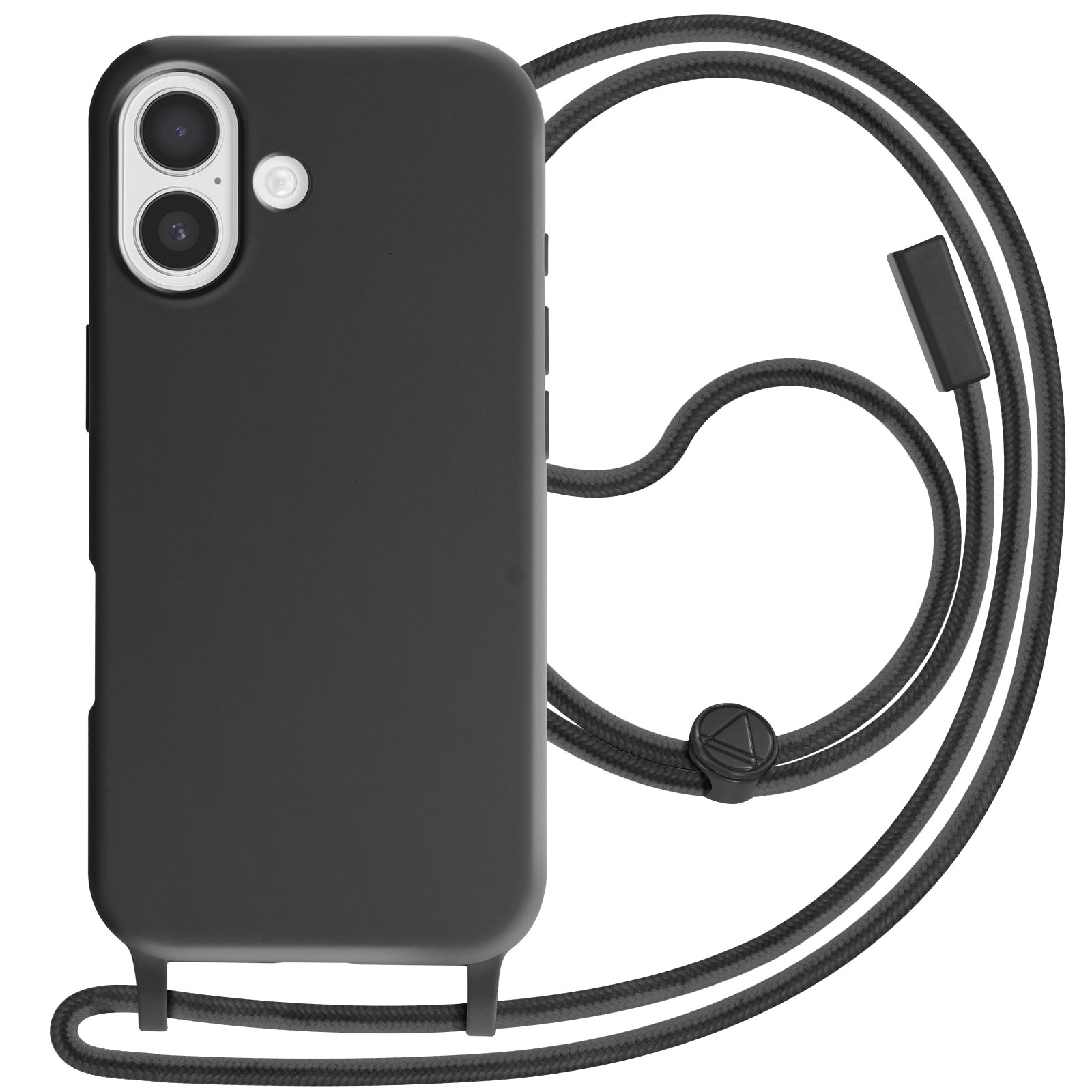 Coque de téléphone noire avec un cordon noir. Le téléphone a deux caméras. Le cordon a un bouchon noir en forme de triangle.