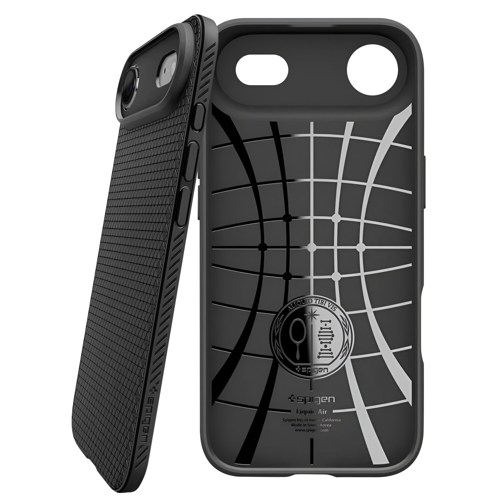 Custodia nera per telefono con motivo a trama, design a griglia e logo Spigen.