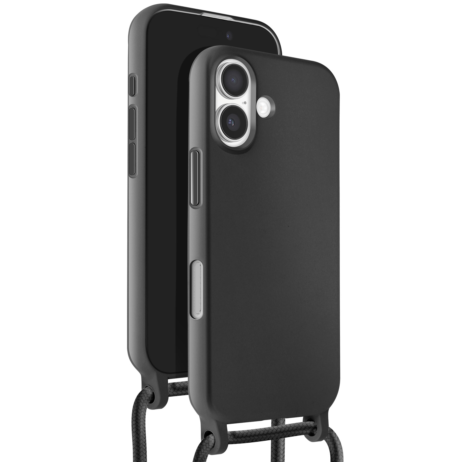 Deux coques de téléphone noires avec un cordon. La coque de droite a deux objectifs. Les coques sont sur fond blanc.