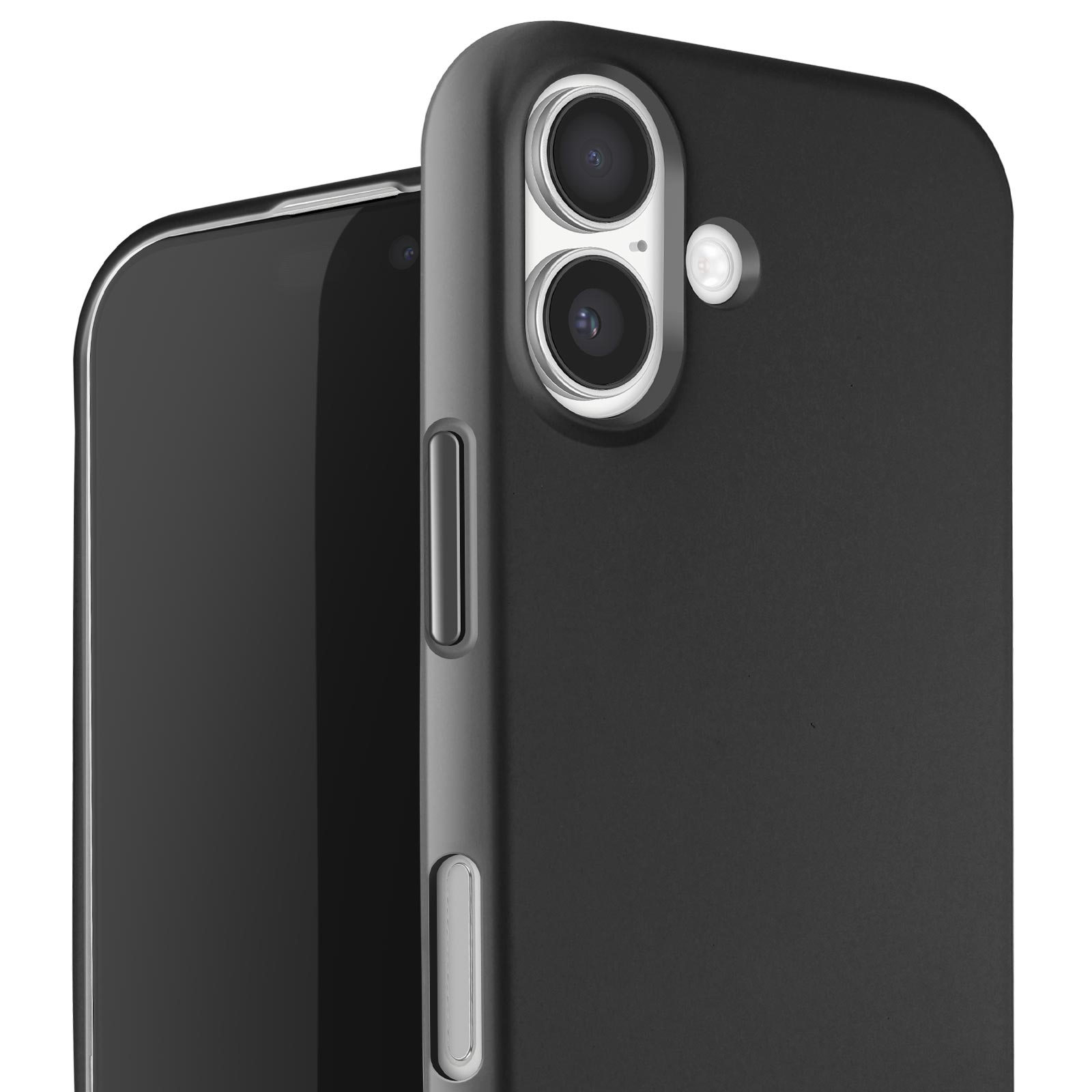 Gros plan d'un téléphone noir. Les lentilles de la caméra, le flash et les boutons sont visibles. Le téléphone est dans un étui noir.