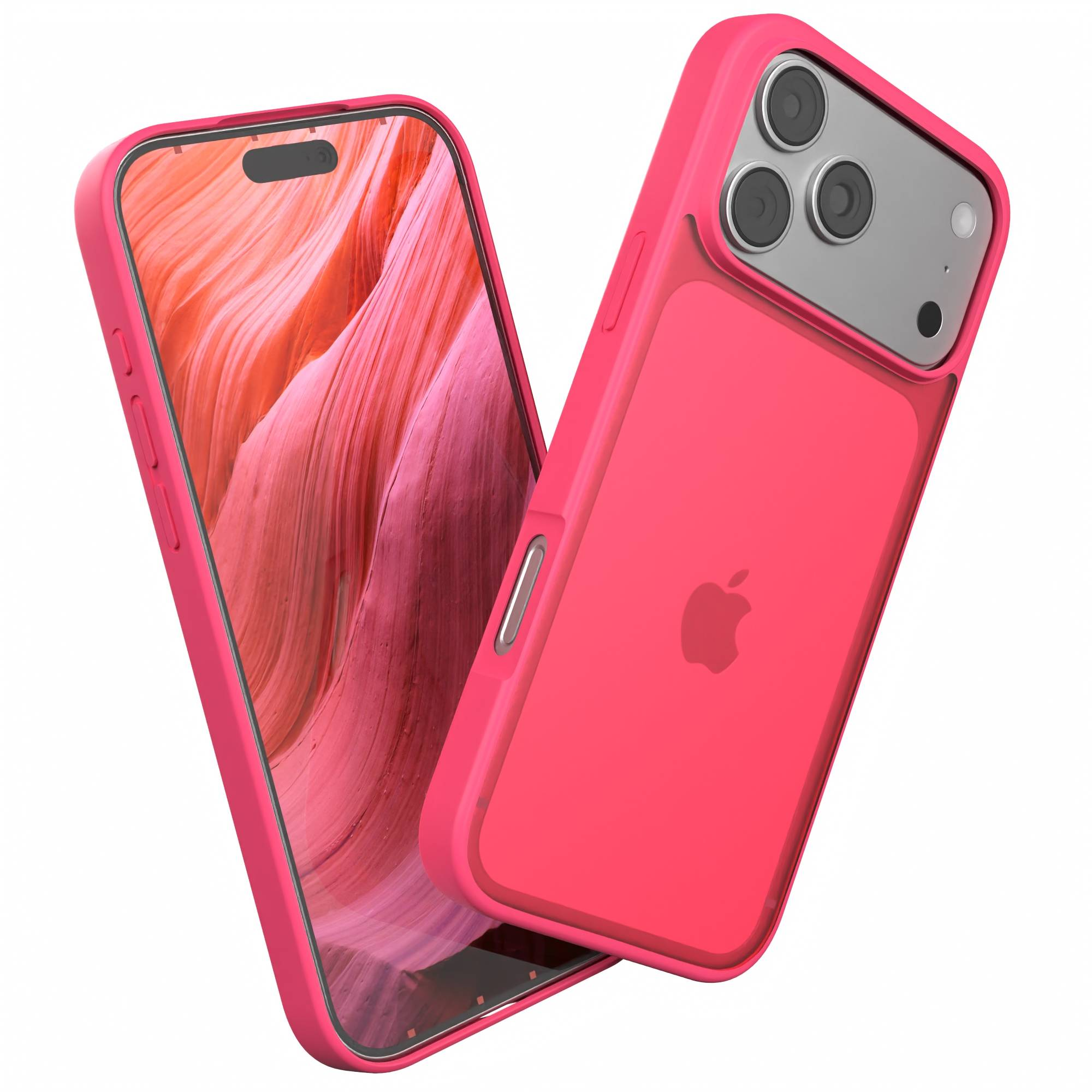 Rosa Handyhülle und Handy mit rosa-orangem Hintergrund. Apple-Logo auf der Rückseite.