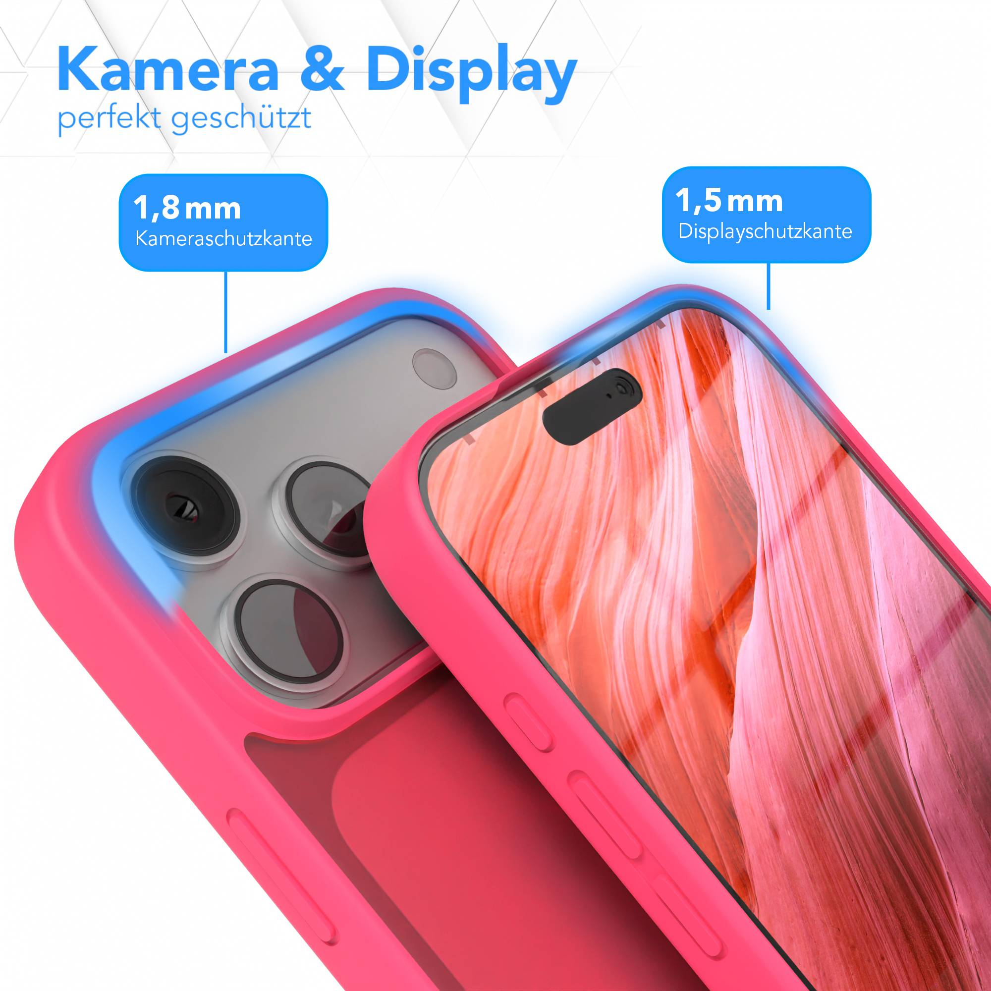 Eine pinkfarbene Handyhülle schützt ein Telefon. Text weist auf Schutz für Kamera und Display mit spezifischen Maßen hin.