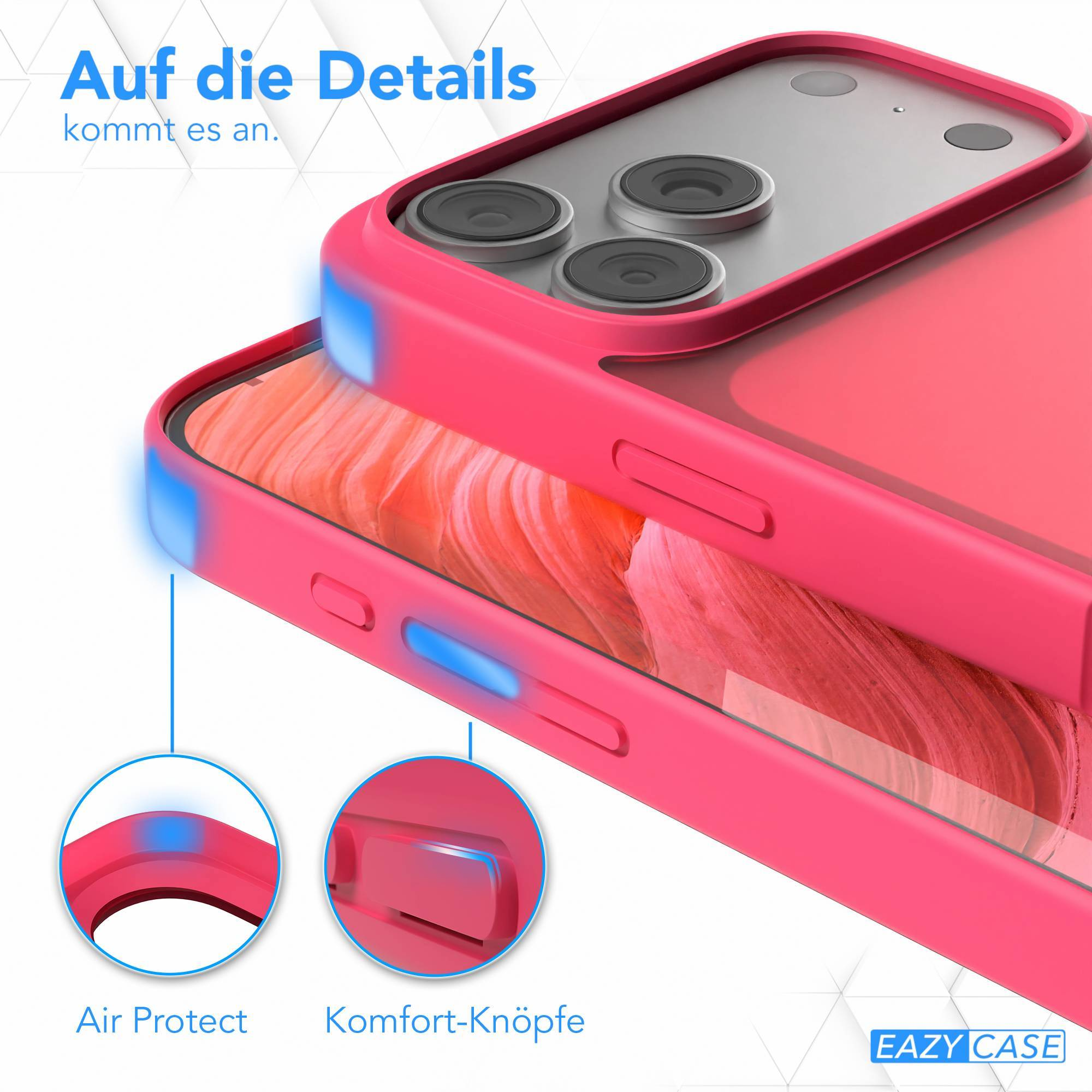 Pinke Handyhülle mit Details, Nahaufnahme. Text: Auf die Details kommt es an. Merkmale: Air Protect, Komfort-Knöpfe. Eazy Case Logo.