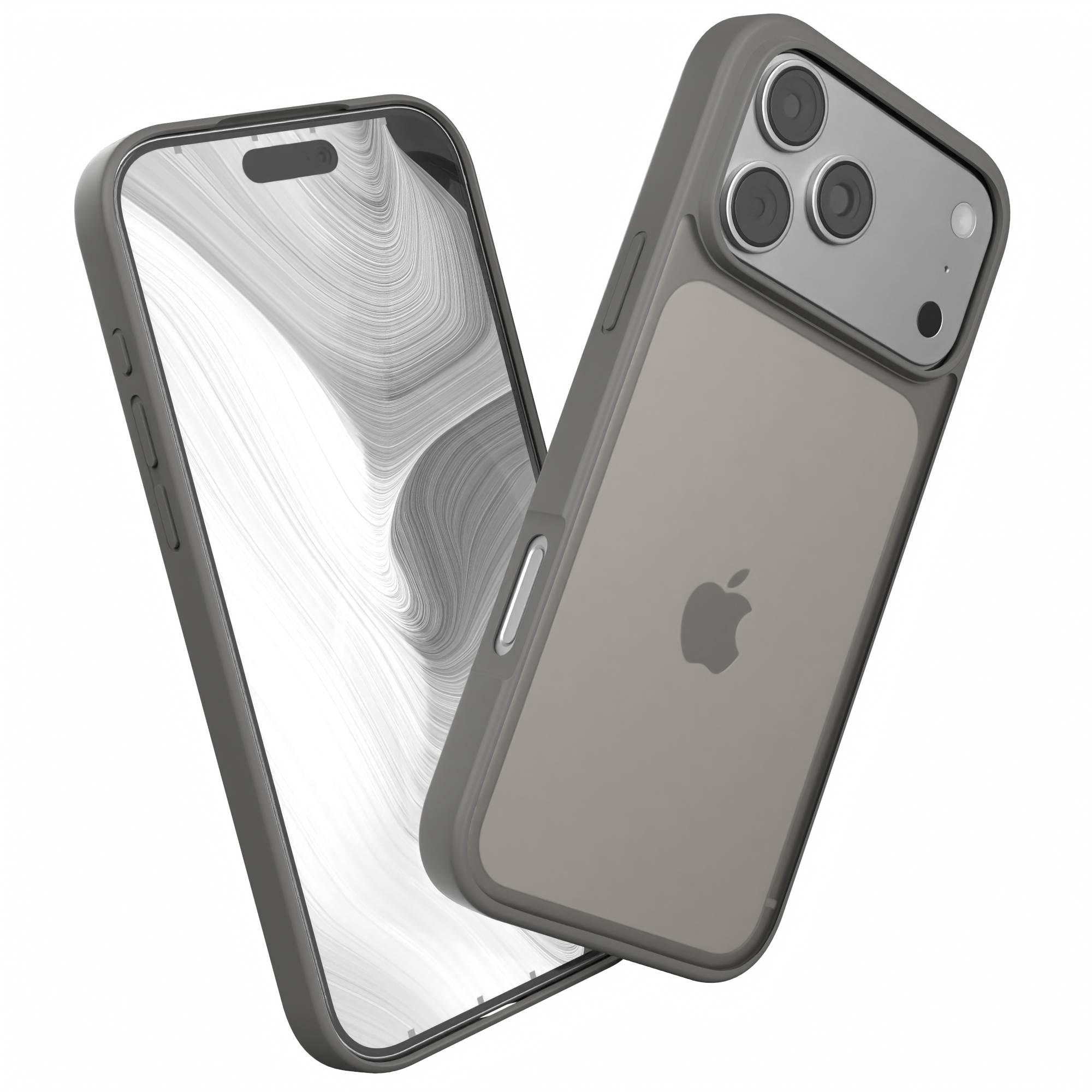 Zwei Smartphones, eines mit Bildschirm, das andere mit Hülle. Dunkelgraue Hülle, silberne Kameras, Apple-Logo. Weißer Hintergrund.