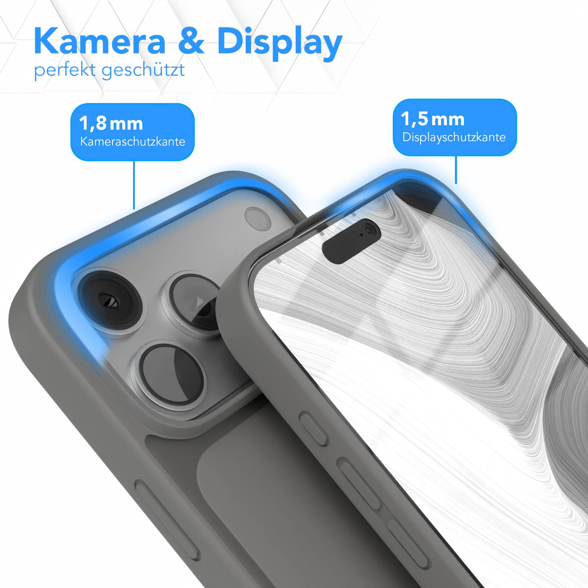 Gezeigte Handyhülle mit Telefon. Text weist auf Kamera- und Displayschutz hin, mit Größenangaben.