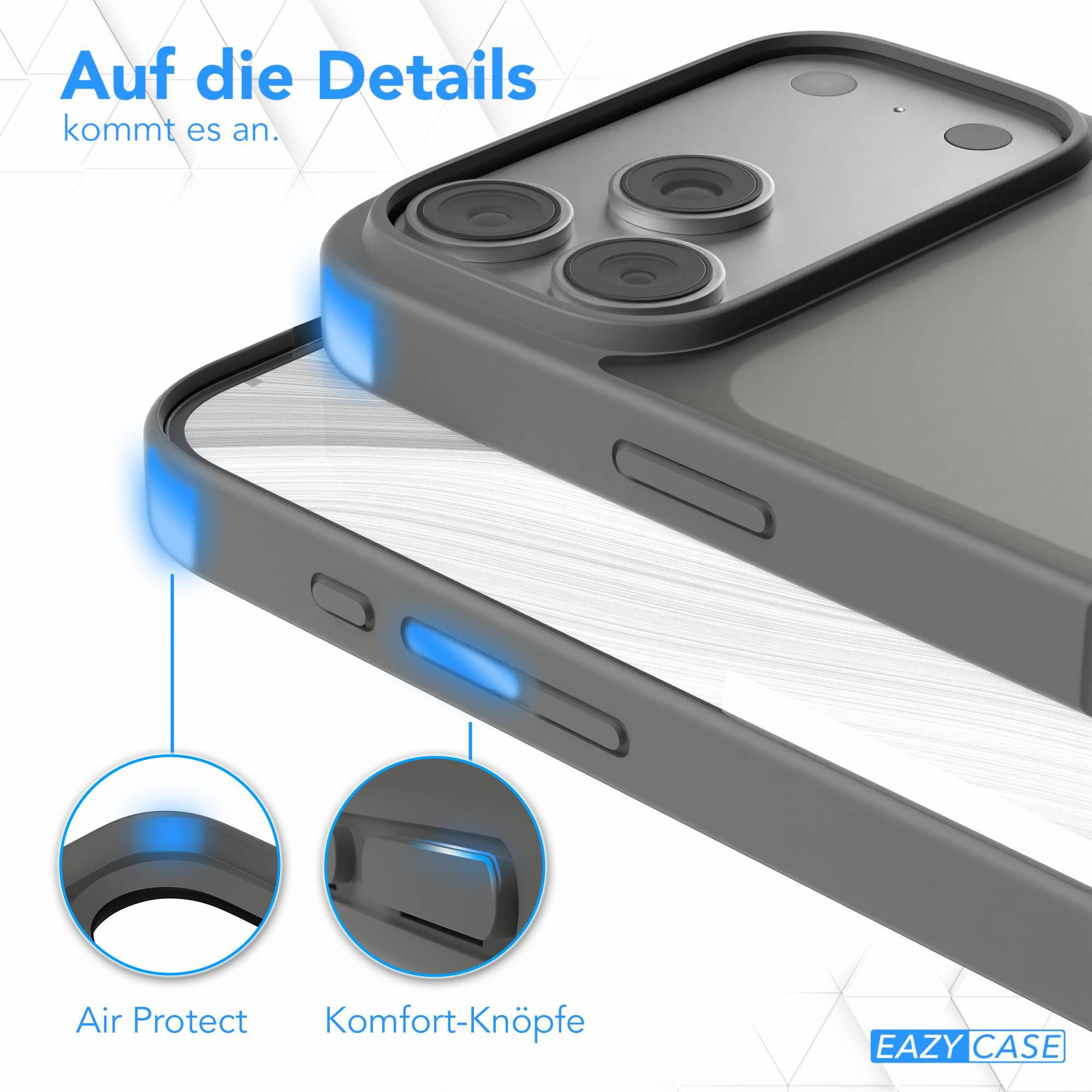 Gezeigte Handyhülle mit blauen Akzenten. Text sagt 'Auf die Details'. Hülle hat Kameraausschnitte und Komforttasten.