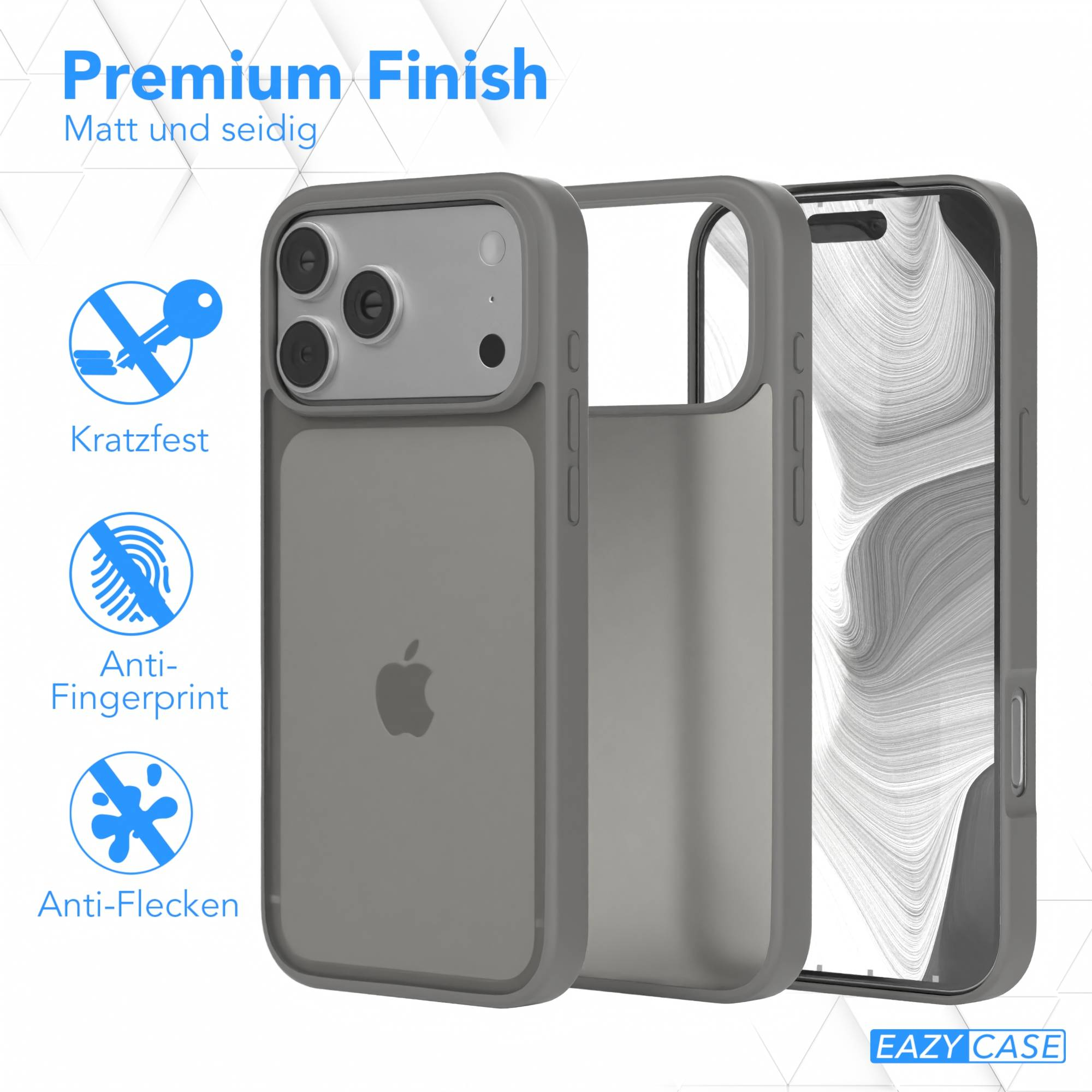 Eine graue Handyhülle mit drei Teilen, mit Apple-Logo und Symbolen für Kratz-, Fingerabdruck- und Fleckenbeständigkeit.