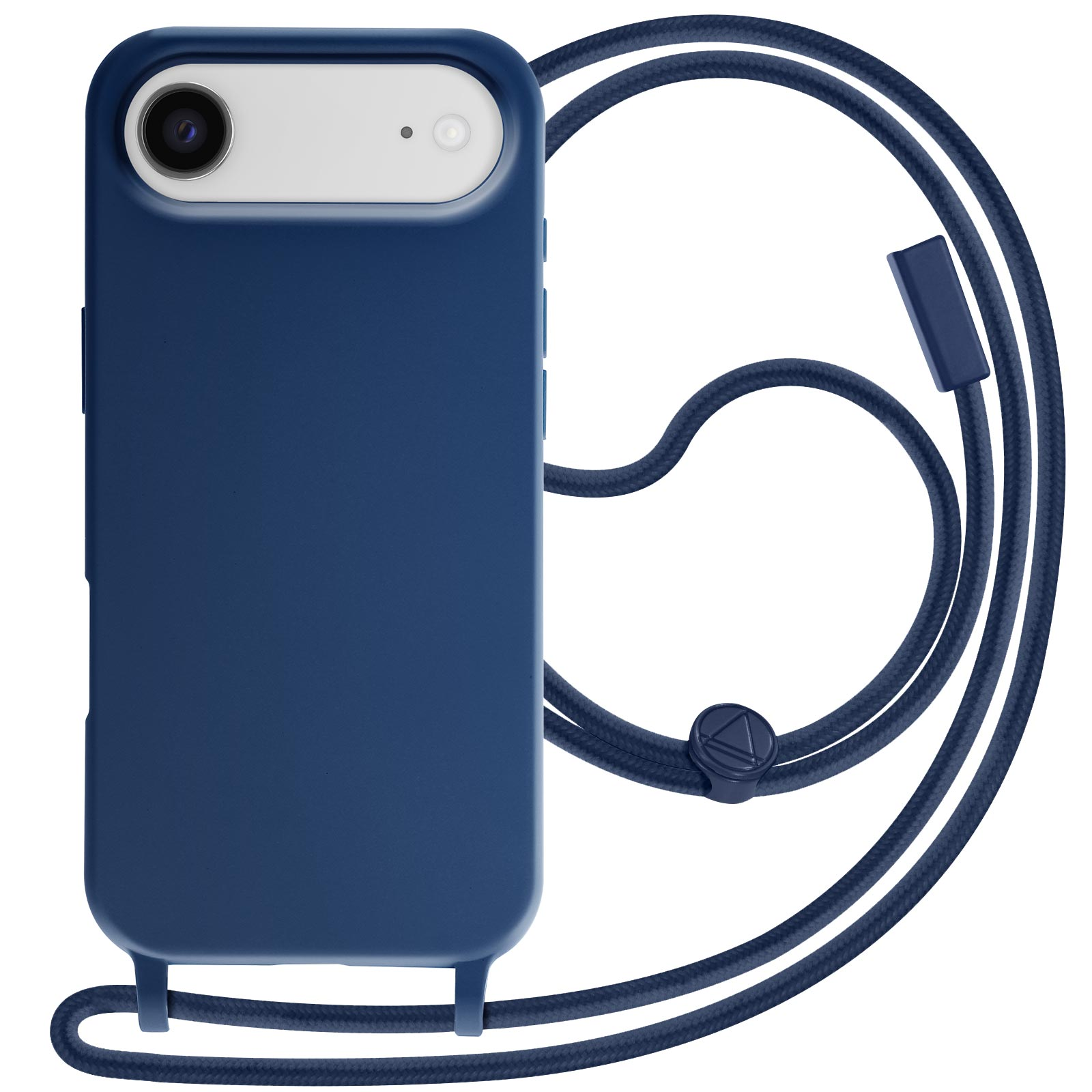 Une coque de téléphone bleu marine avec un cordon assorti. La coque a une caméra et une fixation pour le cordon.
