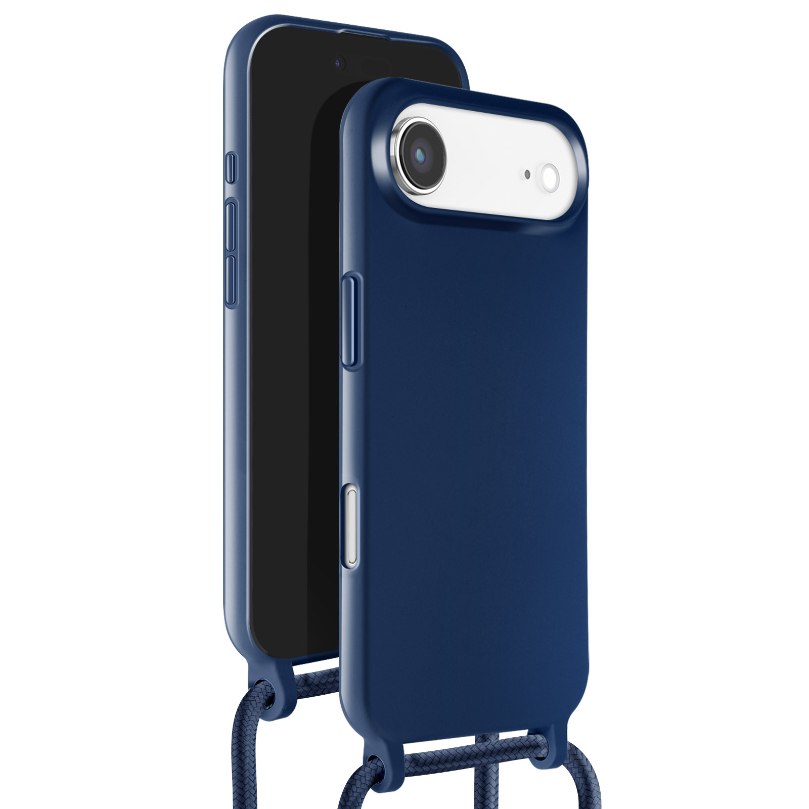 Un étui de téléphone bleu foncé avec un téléphone à l'intérieur est présenté. Une sangle est attachée à l'étui. Le fond est blanc.
